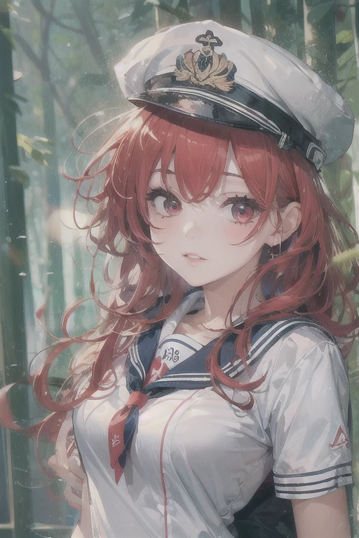 1 girl, Redhead, Facial hair, Red eyes, sexy、erotic、High Contrast、cute、highest quality, Super detailed,  The most delicate and beautiful, High resolution, (highest quality,4K,8k,masterpiece:1.2),Sailor suit、uniform、Thighs