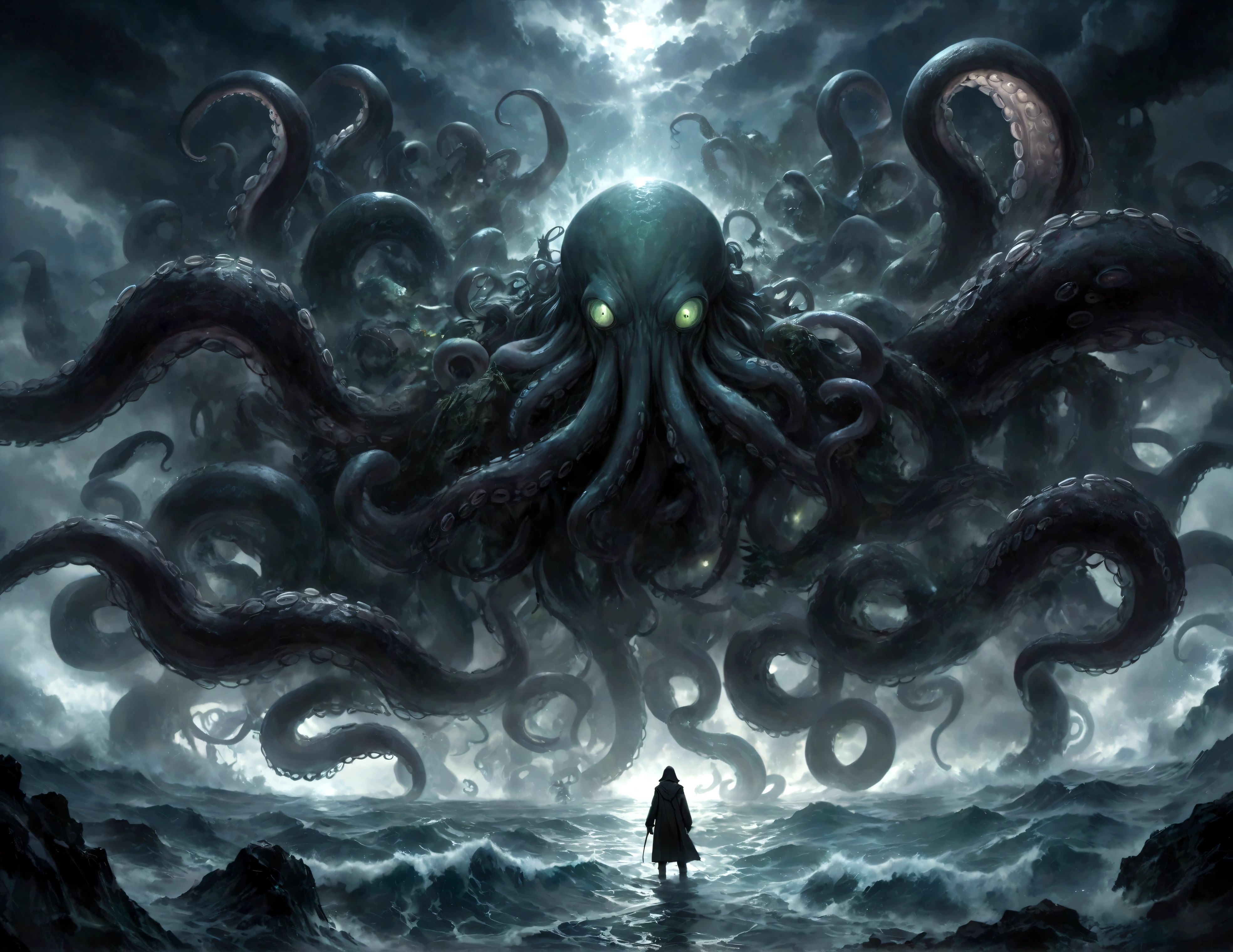 A dark fantasy scene depicting the terrifying creature Cthulhu,emerging from the abyss. The monstrous figure,shrouded in shadows,has large,((menacing tentacles reaching out toward the viewer:1.3)),The atmosphere is eerie and foreboding,with a stormy,nightmarish sky filled with swirling dark clouds. The sea below is turbulent and foamy,reflecting the chaos above. Dim,ghostly lights illuminate parts of Cthulhu’s form,enhancing the horror. The viewer feels an intense sense of dread as the tentacles draw nearer,creating a gripping,immersive experience.,(masterpiece:1.3),(highest quality:1.4),(ultra detailed:1.5),High resolution,extremely detailed,unity 8k wallpaper,(Draws a dark and decadent background,Expresses the fear that the viewer feels,collapses the bottom of the image,Please express it artistically by blurring it in some places.),dynamically,Presence,fear,despair,dark fantasy,Nervousness,Light and darkness