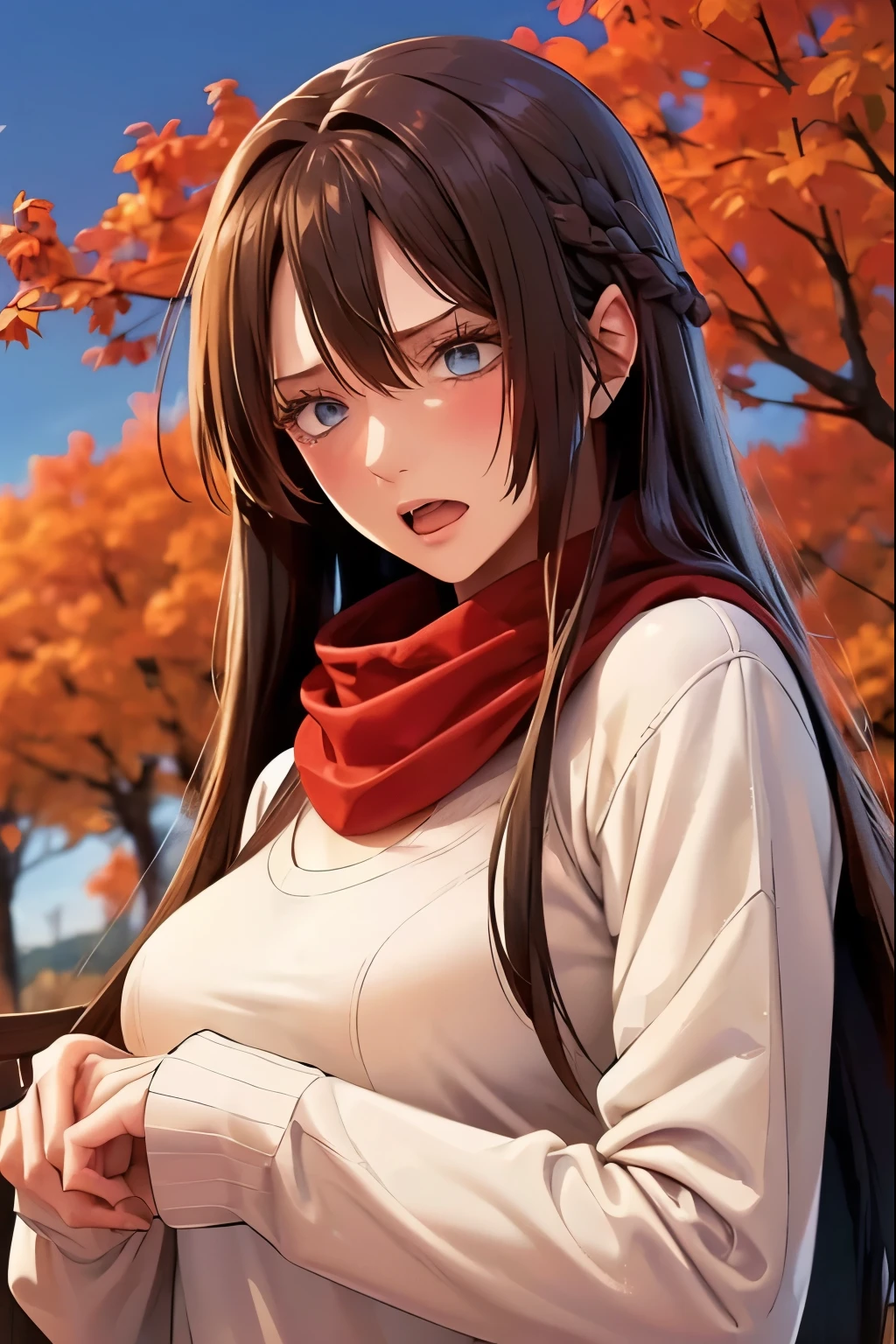 (masterpiece), best quality, ultra-detailed, illustration, warm lighting, soft lighting, bright colors, 1 girl, solo,( beautiful girl, long hair, blue eyes, ribbon, brown hair, hair between eyes, hair ribbon, sidelocks, very long hair, messy hair,) , autumn, many maple tree, maple leaves, golden leaves, fall foliage, Dried leaves, river,  crisp air,  peace, cool breeze , sweater weather,( wear white or brown sweater, red scarf, Moody fall, Wistful, Melancholy, sad ,worried, Longing,)