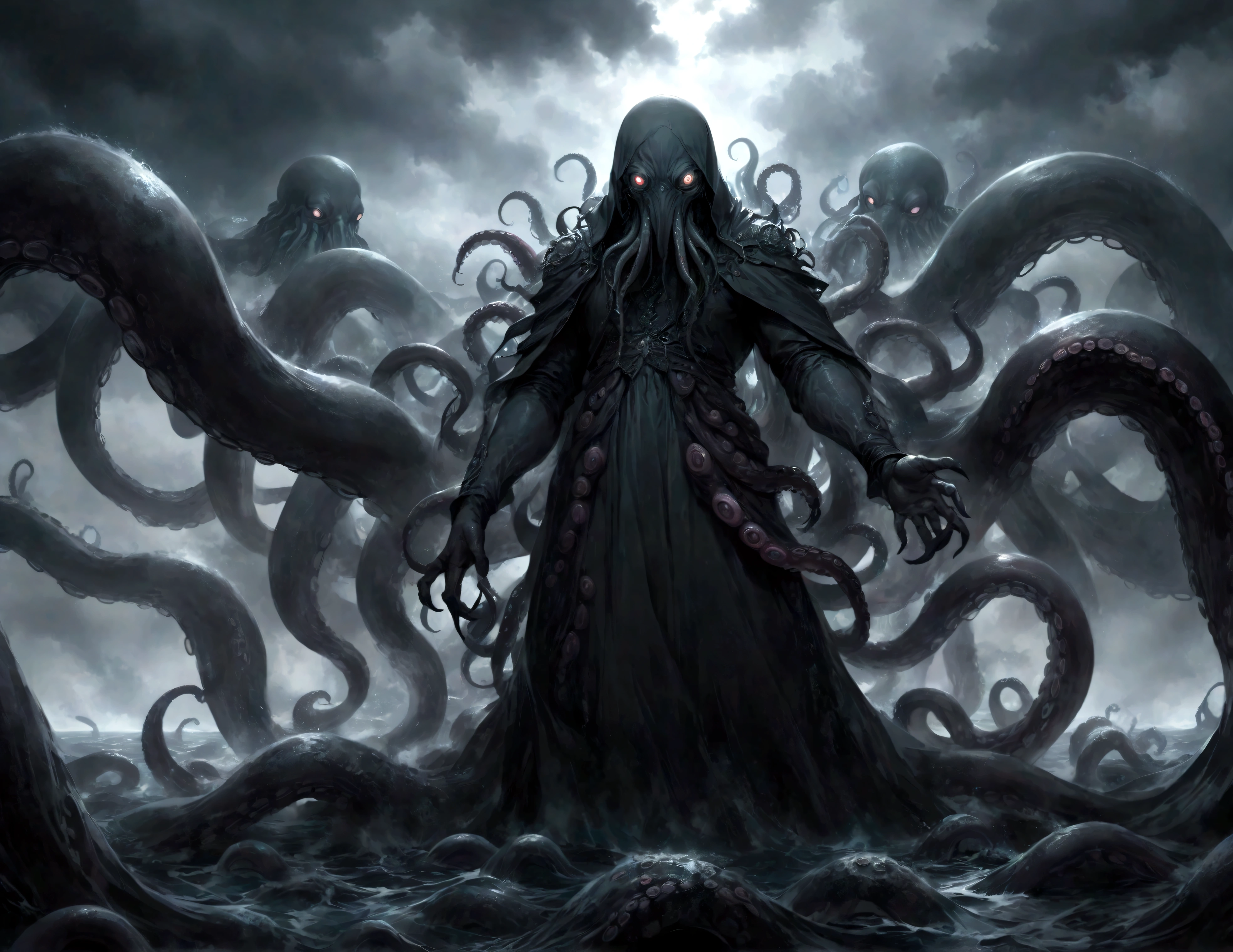 A dark fantasy scene depicting the terrifying creature Cthulhu,emerging from the abyss. The monstrous figure,shrouded in shadows,has large,((menacing tentacles reaching out toward the viewer:1.3)),The atmosphere is eerie and foreboding,with a stormy,nightmarish sky filled with swirling dark clouds. The sea below is turbulent and foamy,reflecting the chaos above. Dim,ghostly lights illuminate parts of Cthulhu’s form,enhancing the horror. The viewer feels an intense sense of dread as the tentacles draw nearer,creating a gripping,immersive experience.,(masterpiece:1.3),(highest quality:1.4),(ultra detailed:1.5),High resolution,extremely detailed,unity 8k wallpaper,(Draws a dark and decadent background,Expresses the fear that the viewer feels,collapses the bottom of the image,Please express it artistically by blurring it in some places.),dynamically,Presence,fear,despair,dark fantasy,Nervousness,Light and darkness