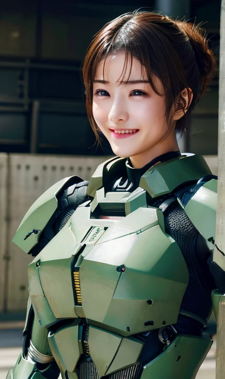18-year-old、Textured skin, Super detailed, Attention to detail, high quality, 最high quality, High resolution, 1080p, hard disk, beautiful,(War Machine),beautifulサイボーグ女性,Dark Green Mecha Cyborg Girl,Battle Mode,Girl with a mechanical body,She is wearing a futuristic combat weapon mecha、Very short hair、Brown eyes、Sweaty、Cute Smile、
