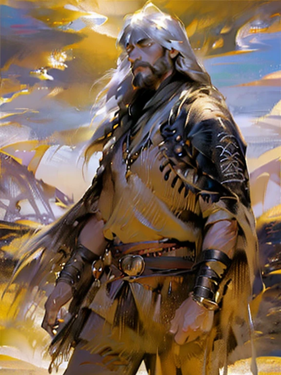 (rule of thirds:1.4). (hyper-realistic illustration:1.2). ((western:1.3)), (wild west).1870s, American Southwest desert. A middle aged man riding a white horse. The man has long (silver hair), piercing blue eyes, (silver mustache and beard), wearing an eyepatch over his left eye, black cowboy hat, all black clothing. Stoic, dignified, ((masculine)).