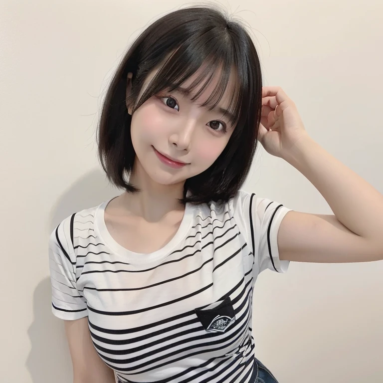 quality, 超Realistic, (Realistic:1.3)、最高quality、超A high resolution、SLR、Instagram、Very delicate、Look at the viewers、Japan 1 Female(Black-haired、short hair、black eye、16 years old、huge 、Delicate body、cute、Adorable、A kind smile)、Japanese high school students(black and white horizontal striped t-shirt、Thin horizontal stripes、Tight shirt)、sunlight、Free pose、Bust up shot、Emphasize the chest