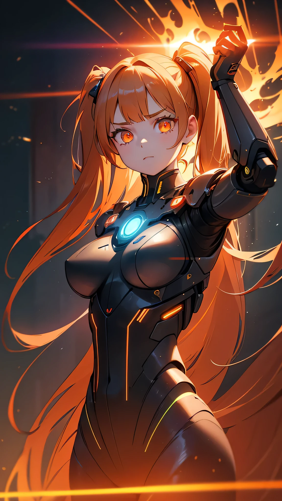 a cyborg girl with long twin tails, orange eyes, fire coming out of her body, in a research lab, highly detailed, 8k, best quality, masterpiece, arms raised, intricate details, photorealistic, volumetric lighting, dramatic lighting, cinematic, hyper-realistic, futuristic, sci-fi, neon, glowing, dark, moody