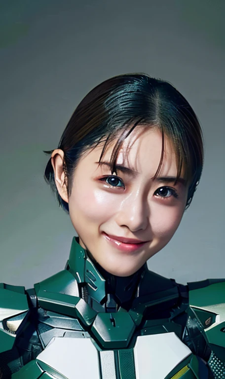 21 years old、Textured skin, Super detailed, Attention to detail, high quality, 最high quality, High resolution, 1080p, hard disk, beautiful,(War Machine),beautifulサイボーグ女性,Dark Green Mecha Cyborg Girl,Battle Mode,Girl with a mechanical body,She is wearing a futuristic combat weapon mecha、Very short hair、Brown eyes、Sweaty、Cute Smile、