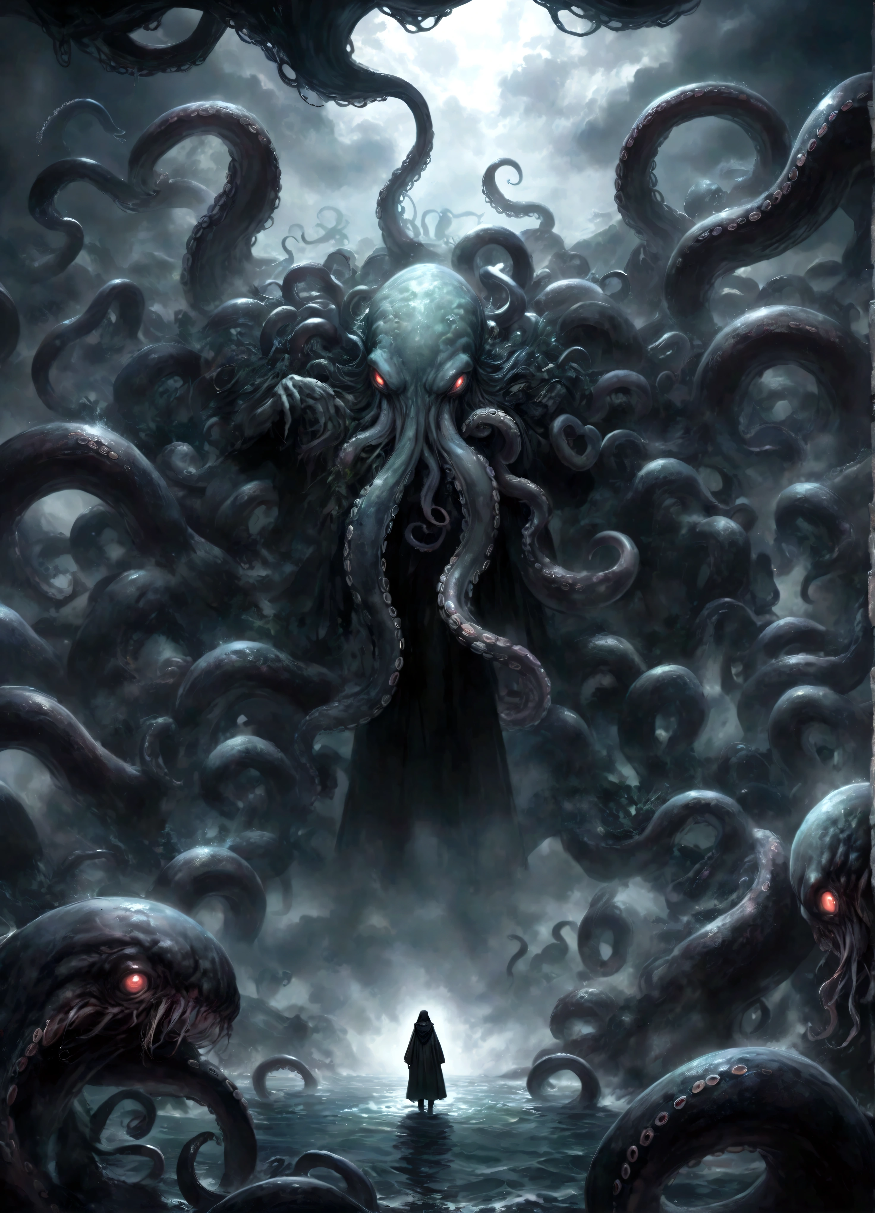 A dark fantasy scene depicting the terrifying creature Cthulhu,emerging from the abyss. The monstrous figure,shrouded in shadows,has large,((menacing tentacles reaching out toward the viewer:1.3)),The atmosphere is eerie and foreboding,with a stormy,nightmarish sky filled with swirling dark clouds. The sea below is turbulent and foamy,reflecting the chaos above. Dim,ghostly lights illuminate parts of Cthulhu’s form,enhancing the horror. The viewer feels an intense sense of dread as the tentacles draw nearer,creating a gripping,immersive experience.,(masterpiece:1.3),(highest quality:1.4),(ultra detailed:1.5),High resolution,extremely detailed,unity 8k wallpaper,(Draws a dark and decadent background,Expresses the fear that the viewer feels,collapses the bottom of the image,Please express it artistically by blurring it in some places.),dynamically,Presence,fear,despair,dark fantasy,Nervousness,Light and darkness