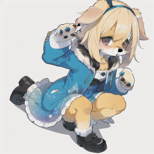 score_9, score_8_up, score_7_up, 1girl blonde hair (((furry female puppy))) dog ears blue jacket rainbow dress black shoes white socks animal nose