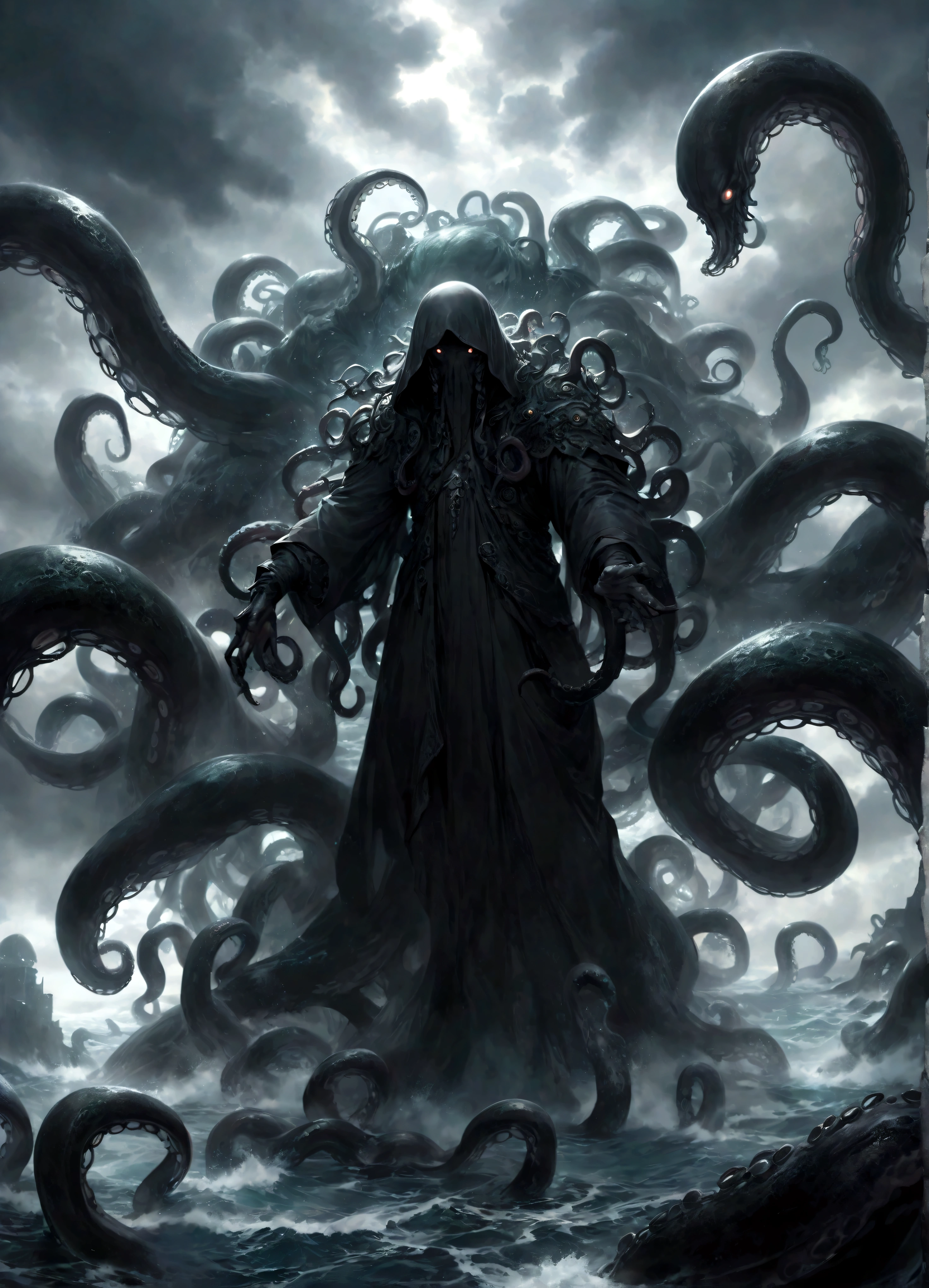 A dark fantasy scene depicting the terrifying creature Cthulhu,emerging from the abyss. The monstrous figure,shrouded in shadows,has large,((menacing tentacles reaching out toward the viewer:1.3)),The atmosphere is eerie and foreboding,with a stormy,nightmarish sky filled with swirling dark clouds. The sea below is turbulent and foamy,reflecting the chaos above. Dim,ghostly lights illuminate parts of Cthulhu’s form,enhancing the horror. The viewer feels an intense sense of dread as the tentacles draw nearer,creating a gripping,immersive experience.,(masterpiece:1.3),(highest quality:1.4),(ultra detailed:1.5),High resolution,extremely detailed,unity 8k wallpaper,(Draws a dark and decadent background,Expresses the fear that the viewer feels,collapses the bottom of the image,Please express it artistically by blurring it in some places.),dynamically,Presence,fear,despair,dark fantasy,Nervousness,Light and darkness