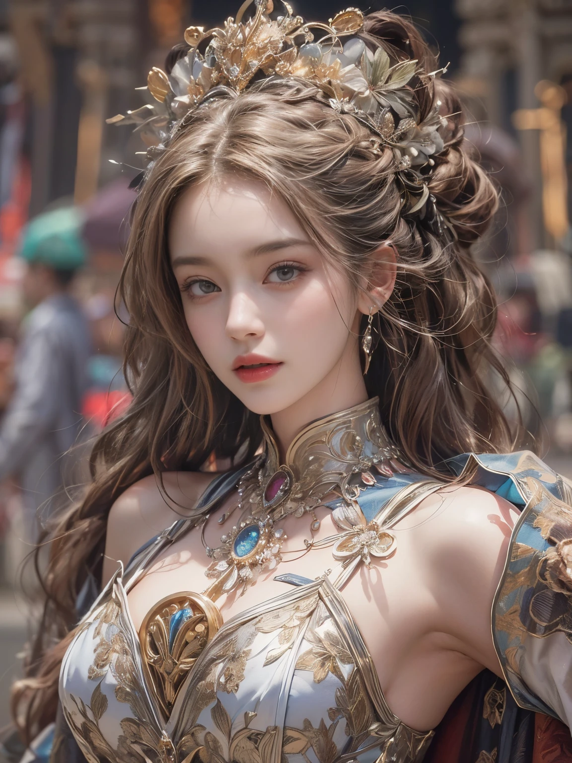 (8k, highest quality, masterpiece: 1.2), (Realistic, photoRealistic: 1.37), Super detailed, One Girl, Wide viewing angles, huge firm bouncing bust, Very delicate depiction, Miniature painting, Detailed depiction of the face, Detailed depiction of hair, Accurate skeleton, Dress with intricate patterns, Complicated armor,  