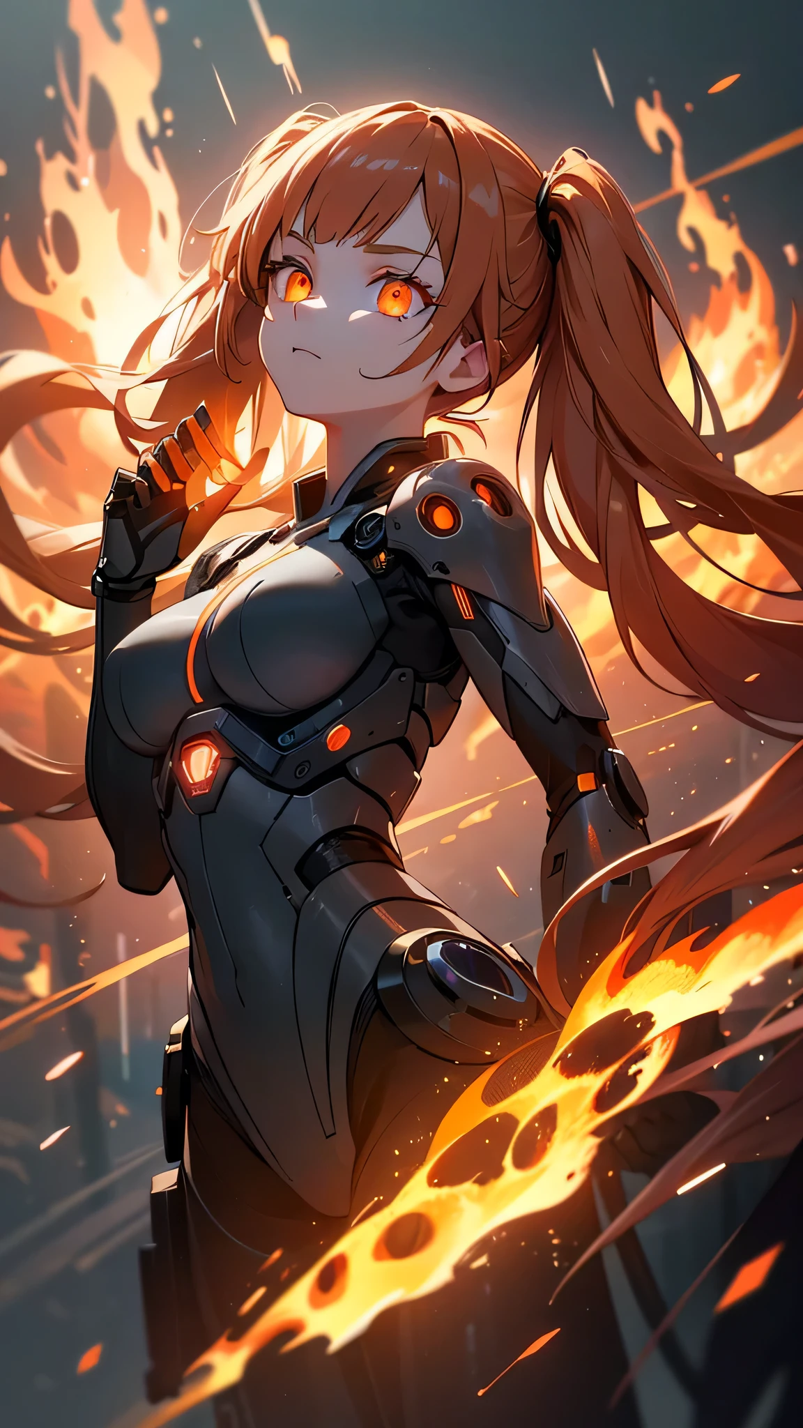 a cyborg girl with long twin tails, orange eyes, fire coming out of her body, in a research lab, highly detailed, 8k, best quality, masterpiece, arms raised, intricate details, photorealistic, volumetric lighting, dramatic lighting, cinematic, hyper-realistic, futuristic, sci-fi, neon, glowing, dark, moody