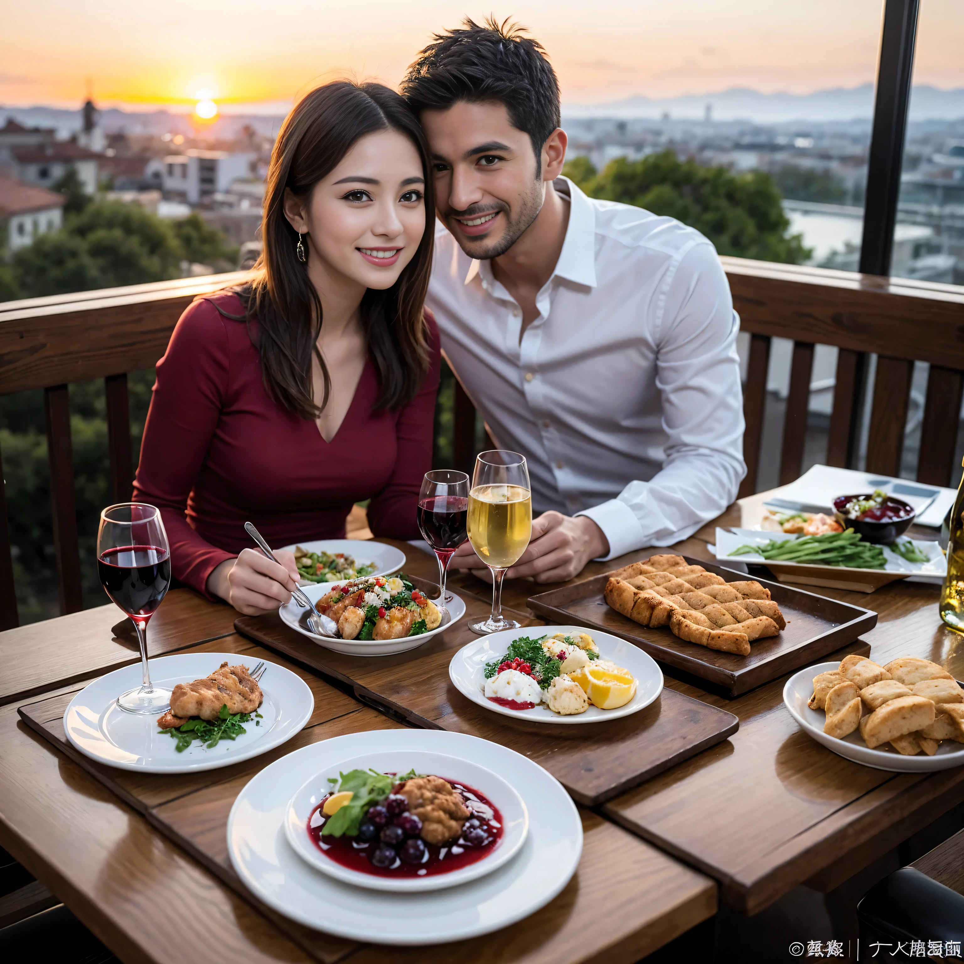 ((highest quality、8k、masterpiece:1.3))、 (Realistic, Intricate details:1.2), 1 male 1 female、Real、lover、couple、Beautiful couple、Happy smile、full-course dinner、 (Slim face), (Slim Body), (Brown Hair), (Short Hair), Wine glass on the table、Please put light on my face、 Amazing view of the sunset sky and clouds、 (Age 35), 39 years old, red wine 、Appetizers、Wine bottle、sparkling wine、Long sleeve shirt、dress、White wine, red wine, wine glass,