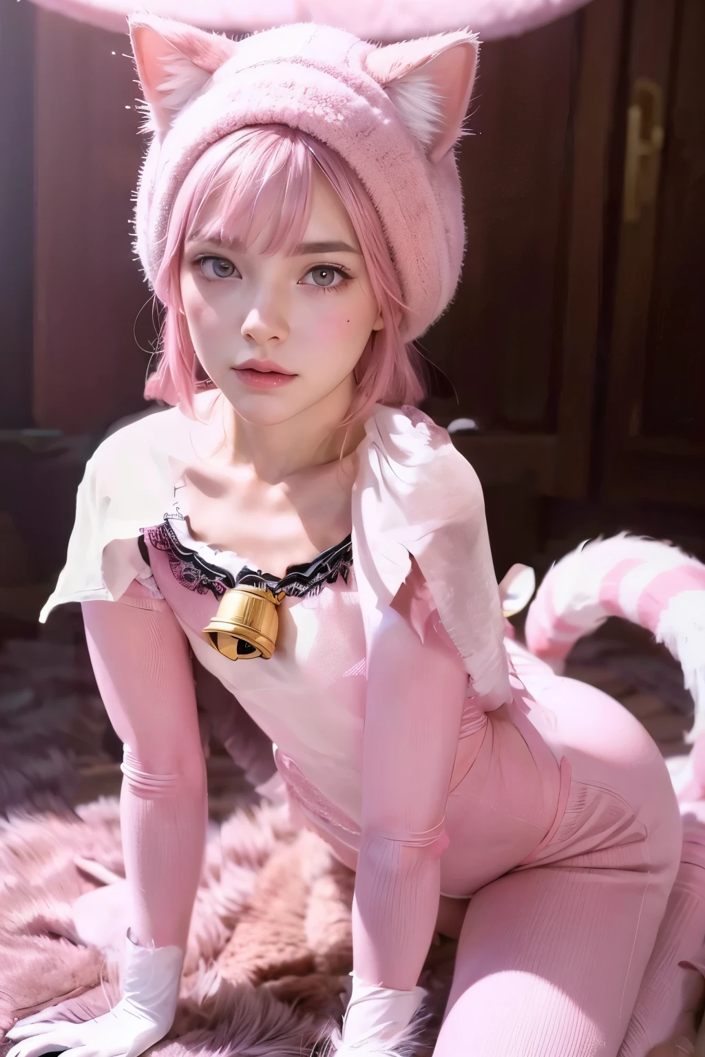 white and pink stripes、Fluffy tail