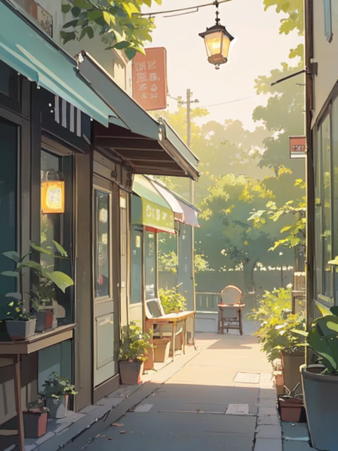 (coffee shop, cafe, coffee, cafe latte, relax mood), early summer air, aesthetic, Ghibli background style, cute storybook illustration, gentle soft lighting, Giorgio Morandi Colors, thick line graph, full-color illustration, cover illustration, scenery, dabai style, (lamplight:1.0)，masterpiece, Best quality at best,