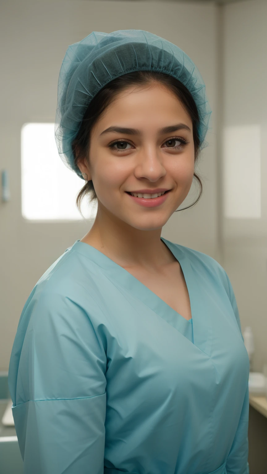 A Realistic Portrait, of a ager girl (Shakira) , pediatric patient ,15 yeautiful, detailed face, detailed eyes, (realistic skin:1.3), (pale skin:1.1), (textured skin:1.3), (()), big smile, (iphone photograph),  ), (artificial lighting:1.3),  looking at the camera, , amateur Photography, Photorealistic, Detailed, analog, poor quality, standing in medical change room, beautiful face, big eyes, big smile, detailed face, wears teal nylon patient gown with  , putting long patient gown on, back-tied patient gown,, high closed crew-neck, bokeh, all wearing large teal nylon bouffant cap , , large surgical bouffant cap covering hair and ears, ultra-short hair fully covered by nylon shower cap, no hair tails, standing in hospital room