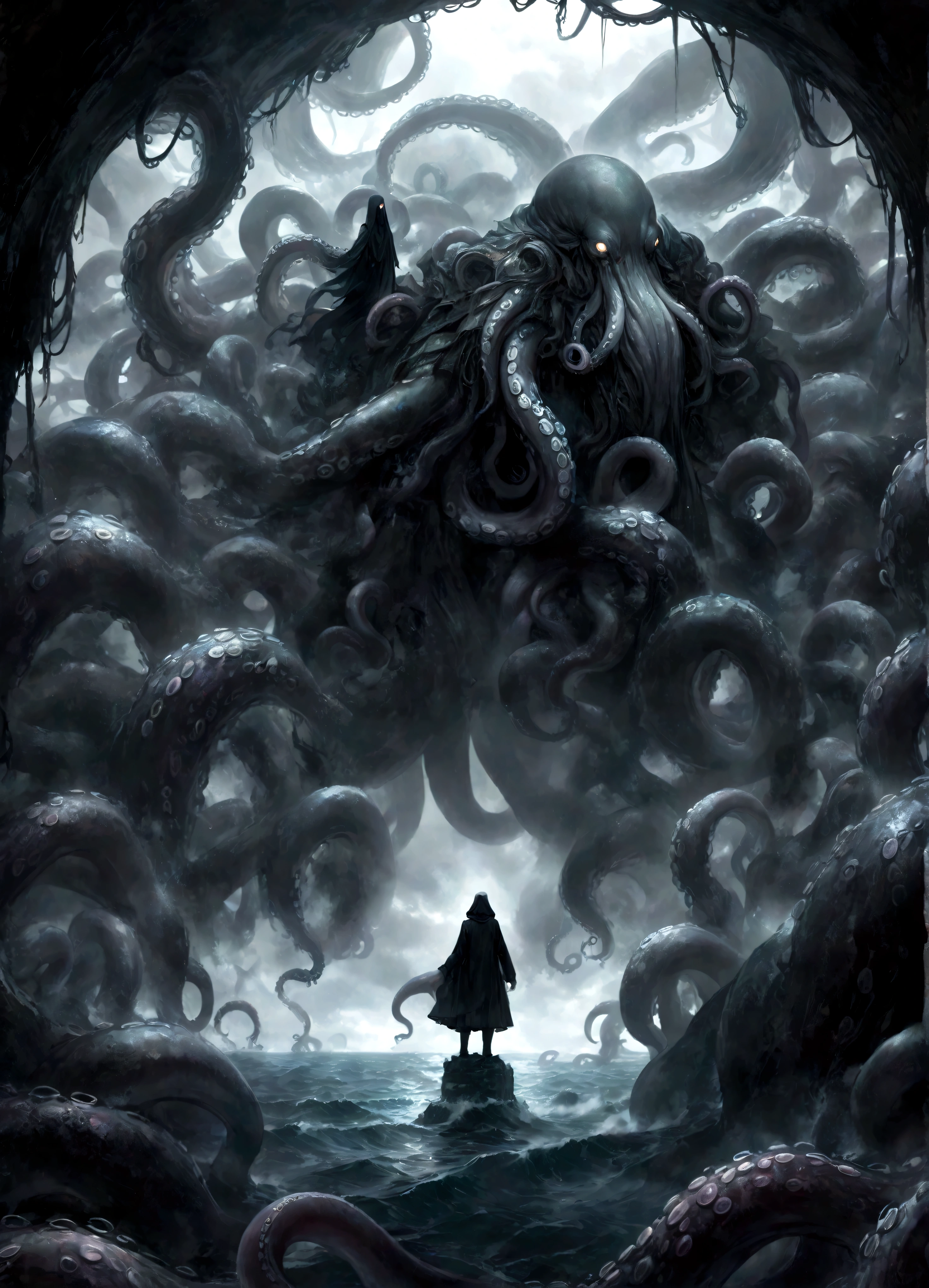 A dark fantasy scene depicting the terrifying creature Cthulhu,emerging from the abyss. The monstrous figure,shrouded in shadows,has large,((menacing tentacles reaching out toward the viewer:1.3)),The atmosphere is eerie and foreboding,with a stormy,nightmarish sky filled with swirling dark clouds. The sea below is turbulent and foamy,reflecting the chaos above. Dim,ghostly lights illuminate parts of Cthulhu’s form,enhancing the horror. The viewer feels an intense sense of dread as the tentacles draw nearer,creating a gripping,immersive experience.,(masterpiece:1.3),(highest quality:1.4),(ultra detailed:1.5),High resolution,extremely detailed,unity 8k wallpaper,(Draws a dark and decadent background,Expresses the fear that the viewer feels,collapses the bottom of the image,Please express it artistically by blurring it in some places.),dynamically,Presence,fear,despair,dark fantasy,Nervousness,Light and darkness