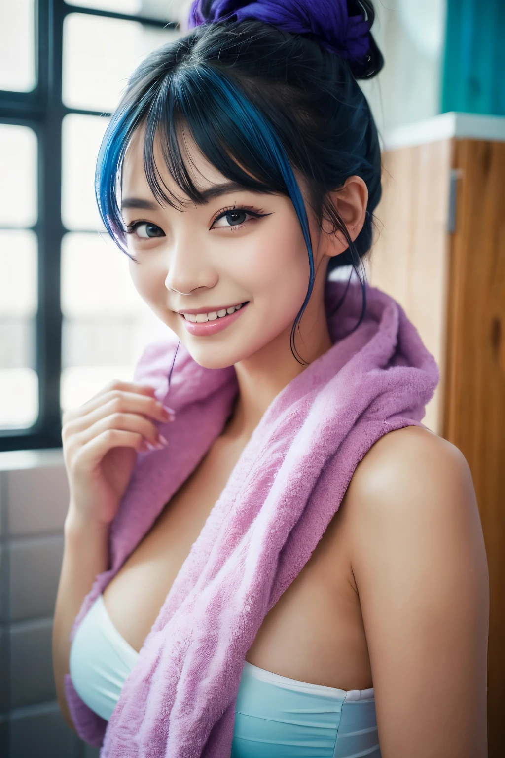 high quality, High resolution, masterpiece, completion, detailed.impressive, Cutting-edge female photography portraits, Showcasing a bold and daring street-art style. Facing forward、(nice smile、Bright expression、looks fun)、cyan, and purple, Bathroom、Bubble bath、Take a bath、Wrap a bath towel around your body、Her vibrant makeup really catches the eye.. Her colorful hair is tied up high, The contrast with the modern chain top is striking., Blue and pink hues in harmony. This powerful combination of hyper-detailed realism and artistic expression creates a vivid,