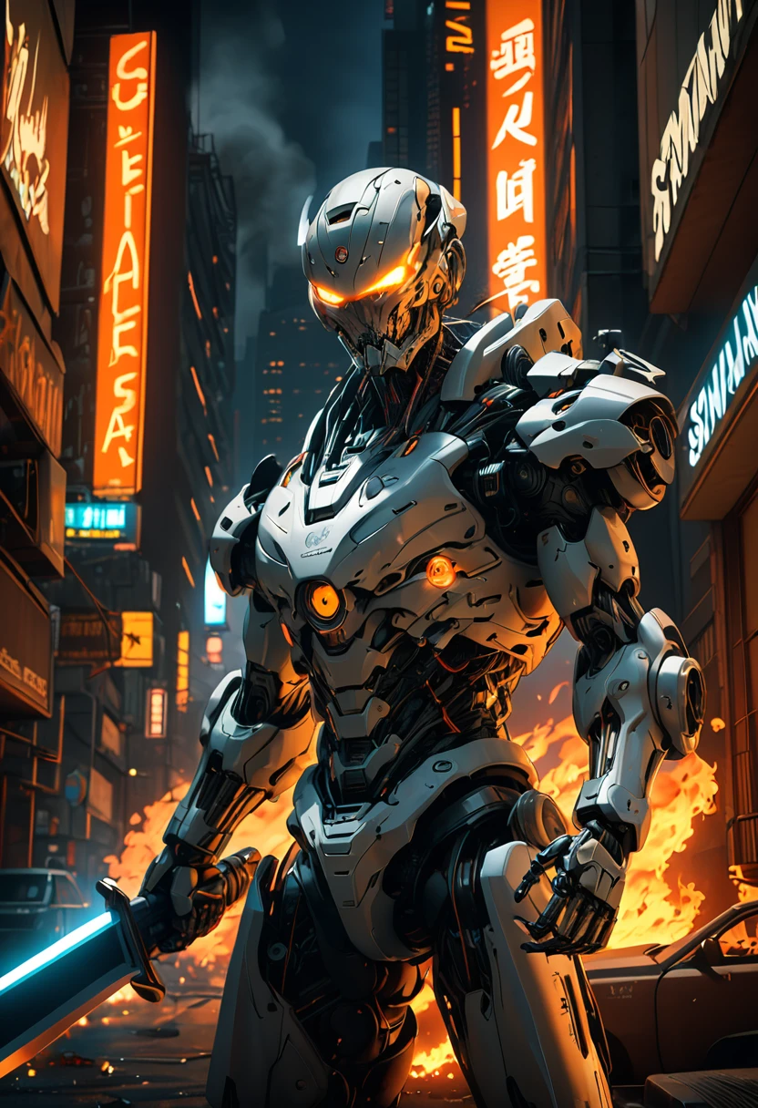 As the camera pans across the smoldering cityscape, a burst of flames erupts from the cyborg's chest, illuminating its polycarbonate armor in a fiery glow. Orange neon lights dance across its mechanical limbs as it charges forward, its massive sword at the ready. The air is filled with the acrid smell of smoke and ozone as the cyborg unleashes its fury upon the city, 8k uhd, Ultra realistic, ultra details, dramatic shadow, octane render, cinematic, dramatic lighting, movie