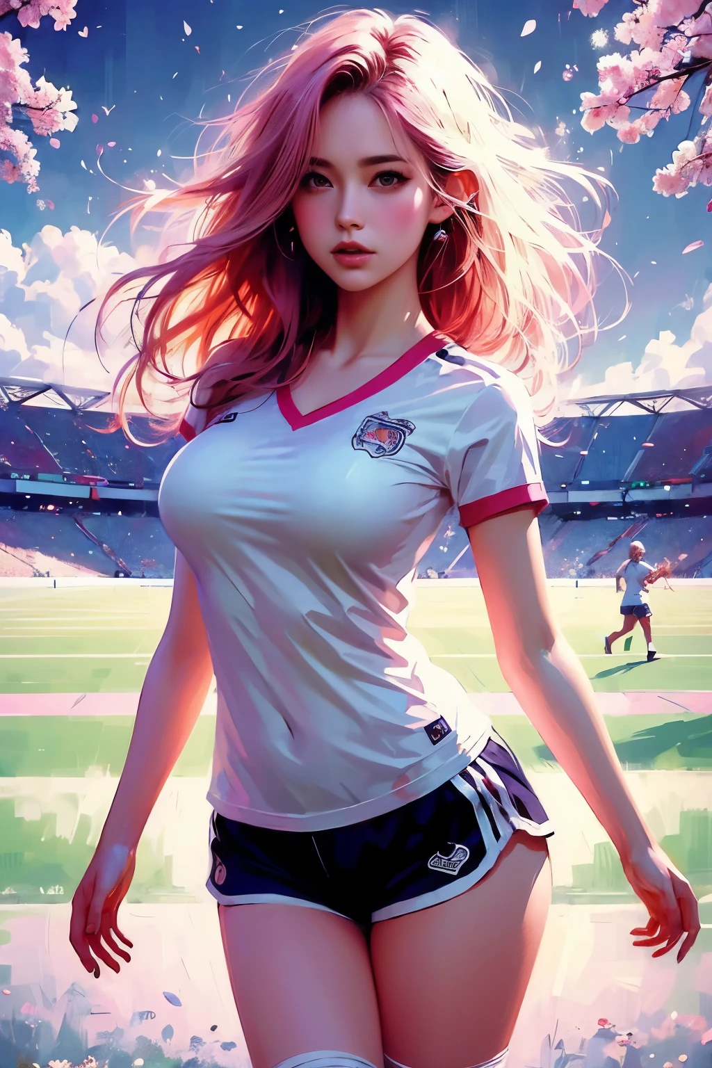 Middle-aged individuals, immersed in a spirited game of football, are skillfully maneuvering on a vibrant hand-painted poster with a grand perspective. The intricate artwork conveys the dynamic and advanced athleticism of these players, capturing the essence of their camaraderie while effortlessly showcasing their grace and determination.

Anime girl with vivid pink hair in a whimsical fantasy setting, surrounded by glowing flowers and mythical creatures, Fairy Tail, Dreamy Alice from Wonderland, Anime art with watercolor effects, Elf's sublime couture, delicate and intricate, cherry blossom background, lavender-blue sky, pure