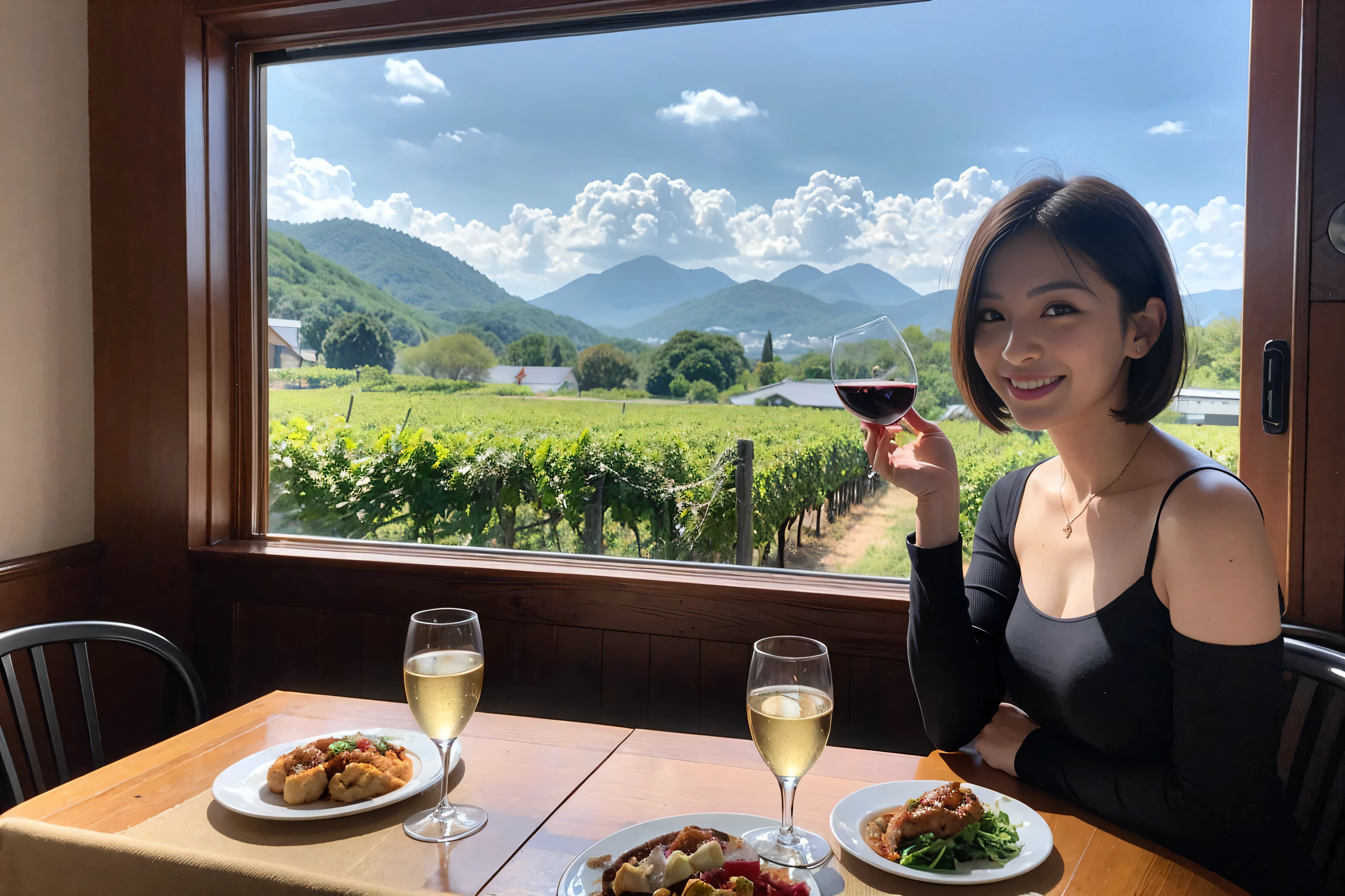 ((highest quality、8k、masterpiece:1.3))、1 male、1 female、Satomi Ishihara-like beautiful couple、Spouse、Couple、The body is slim、full-course dinner、, (Realistic, Intricate details:1.2), Wine glass on the table、Shine light on your face、 Amazing view of the sunset sky and clouds、Amazing mountain views、A bright smile、The wonderfulness of smile、Bright image、The beauty of wine, Beautiful Face, blue eyes, The light shines on your face, Blushing, short hair,Bright Face、 (Age 37), "41 years old, red wine 、Appetizers、Italian food、Wine bottle、Champagne、sparkling wine、Two beauties、Brown Hair、Shortcuts、Long sleeve shirt、dress、Pretty Woman 1, (Slim face), (The body is slim), (Brown Hair), (Shortcuts), cheeks turn a little red,Attractive beauty、restaurant, In a prominent place (From the waist up) Nova Frog Style, actress, model, Upper Body, White wine, slim, wine glass, A wine glass placed in the center, smile, (smile: 1.15), Beautiful fine grain, Depth f/2,saturation, High Contrast, Strong light and shadow,Moist Body:1.5、3D texture、Delicate eyes、Brown Hair、The hair is very shiny、