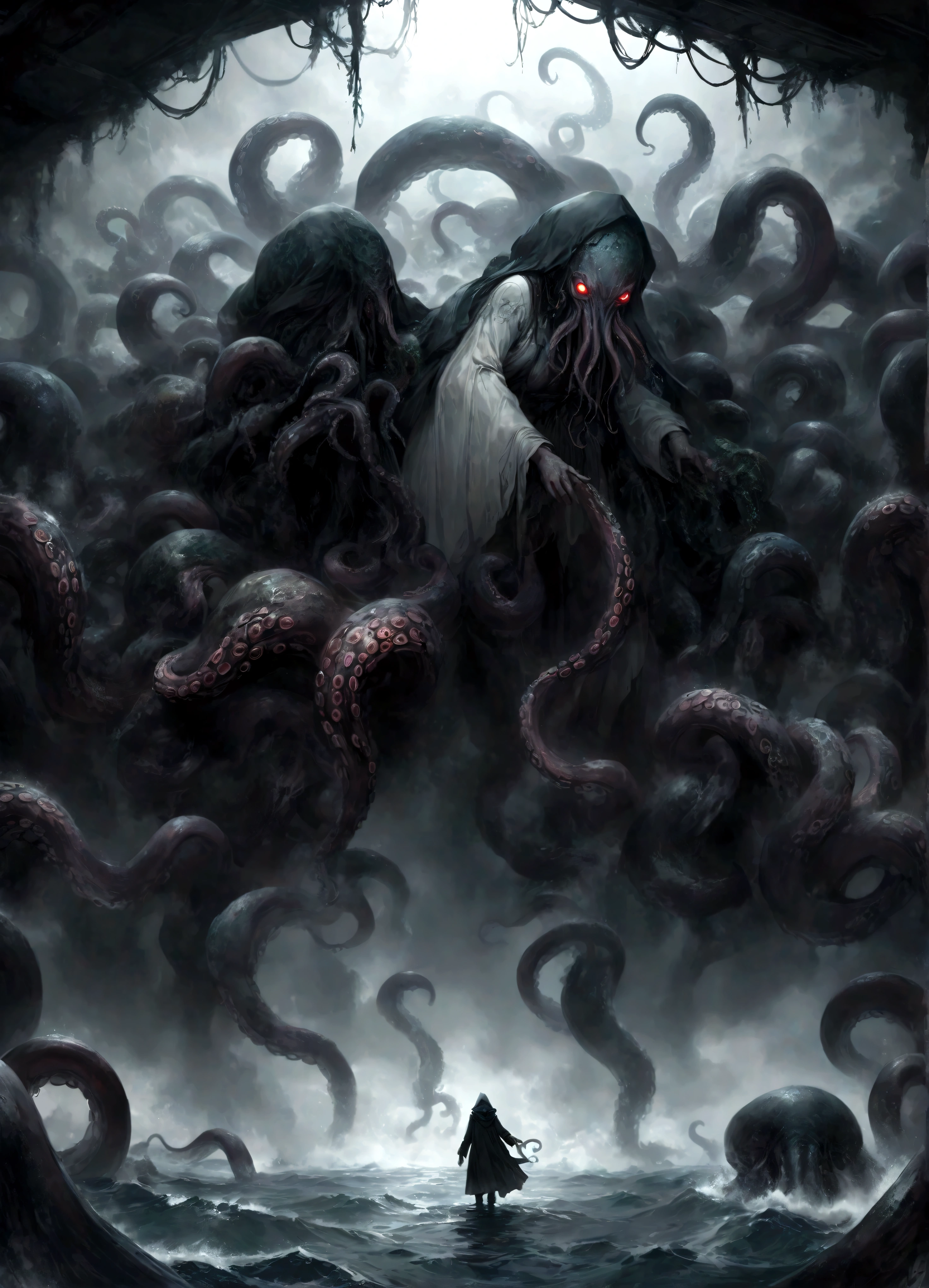 A dark fantasy scene depicting the terrifying creature Cthulhu,emerging from the abyss. The monstrous figure,shrouded in shadows,has large,((menacing tentacles reaching out toward the viewer:1.3)),The atmosphere is eerie and foreboding,with a stormy,nightmarish sky filled with swirling dark clouds. The sea below is turbulent and foamy,reflecting the chaos above. Dim,ghostly lights illuminate parts of Cthulhu’s form,enhancing the horror. The viewer feels an intense sense of dread as the tentacles draw nearer,creating a gripping,immersive experience.,(masterpiece:1.3),(highest quality:1.4),(ultra detailed:1.5),High resolution,extremely detailed,unity 8k wallpaper,(Draws a dark and decadent background,Expresses the fear that the viewer feels,collapses the bottom of the image,Please express it artistically by blurring it in some places.),dynamically,Presence,fear,despair,dark fantasy,Nervousness,Light and darkness,Use red as an accent color