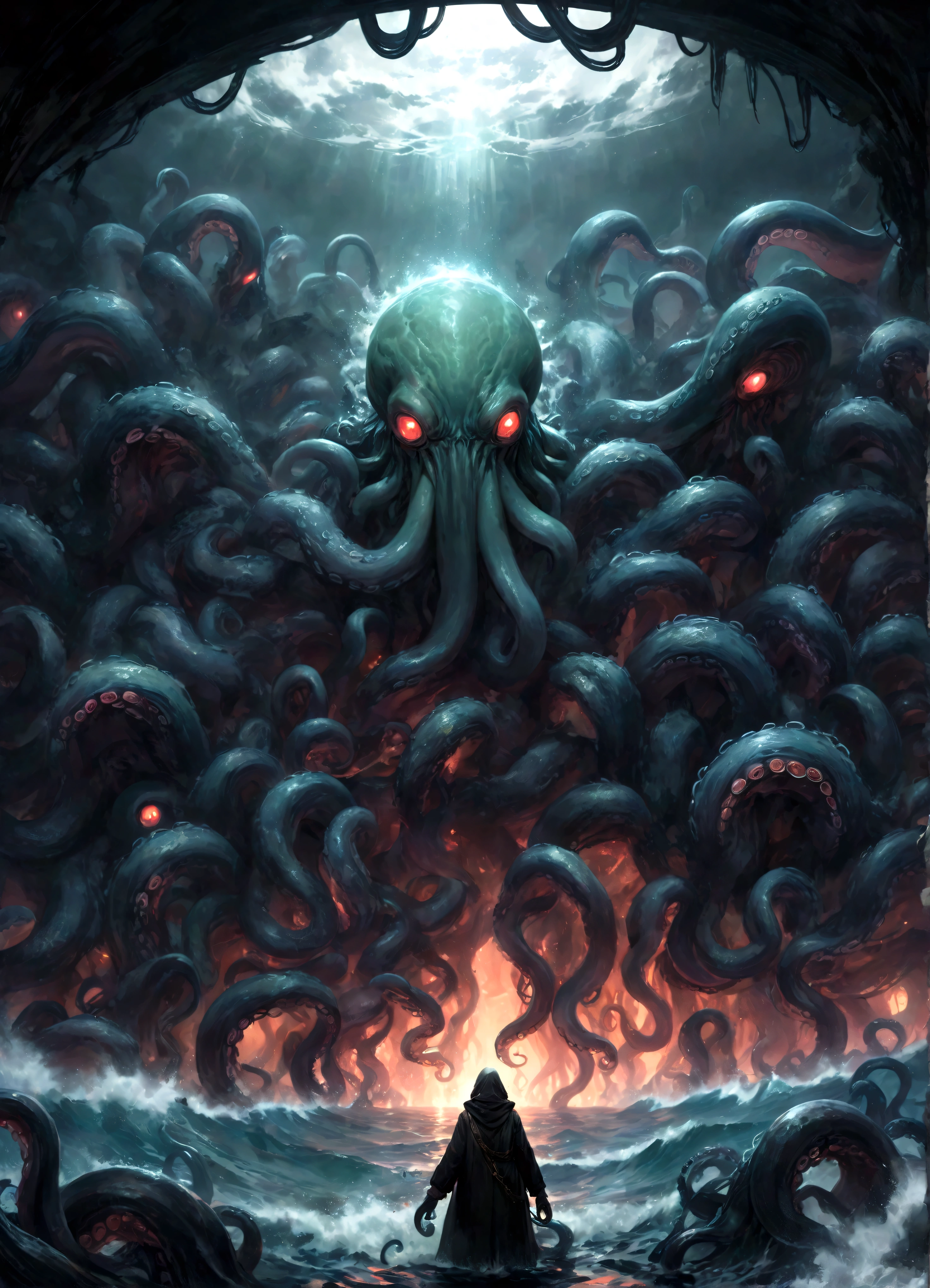 A dark fantasy scene depicting the terrifying creature Cthulhu,emerging from the abyss. The monstrous figure,shrouded in shadows,has large,((menacing tentacles reaching out toward the viewer:1.3)),The atmosphere is eerie and foreboding,with a stormy,nightmarish sky filled with swirling dark clouds. The sea below is turbulent and foamy,reflecting the chaos above. Dim,ghostly lights illuminate parts of Cthulhu’s form,enhancing the horror. The viewer feels an intense sense of dread as the tentacles draw nearer,creating a gripping,immersive experience.,(masterpiece:1.3),(highest quality:1.4),(ultra detailed:1.5),High resolution,extremely detailed,unity 8k wallpaper,(Draws a dark and decadent background,Expresses the fear that the viewer feels,collapses the bottom of the image,Please express it artistically by blurring it in some places.),dynamically,Presence,fear,despair,dark fantasy,Nervousness,Light and darkness,Use red as an accent color