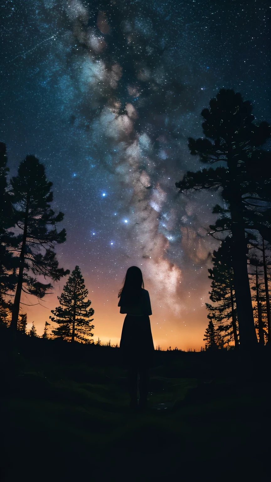 A girl is standing、silhouette, Rear View,Space Sky, milky way, Anime Style, in the forest