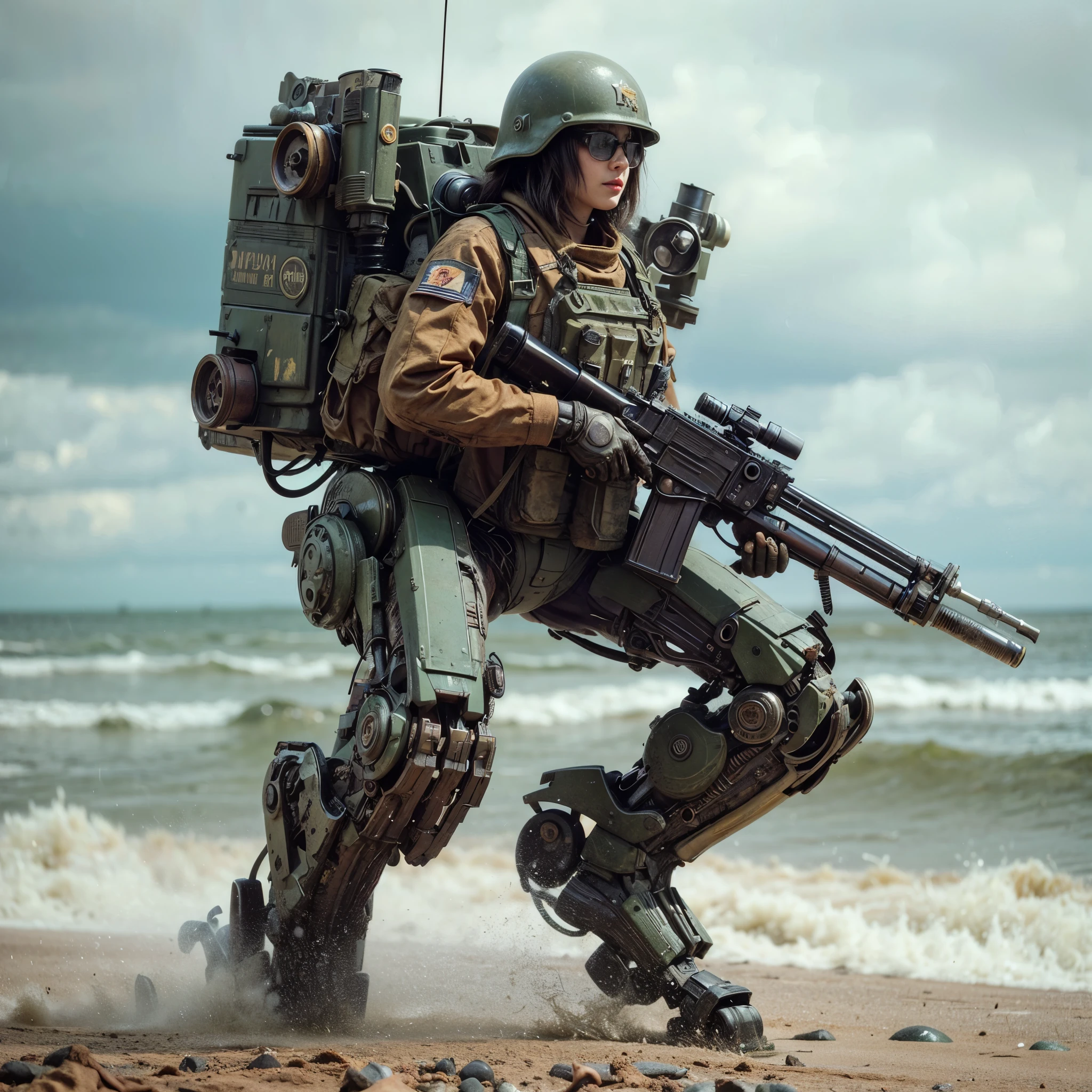 8k,Realistic Photo, Realistic Skin Texture, Superrealism, (WWⅡ-like mechanical suit:1.2), Beach of the Normandy Landing Operation、Action poses in motion, heavy weapons,vivid textures,animal legs, japanese female soldier,(ultra beautiful face),((super realistic all textures)), ((super intricate all details)), full body shot, ultra sharp photo result, Olive Drab color, scratch, Rust, weathering, steampunk, taken with Fuji film X-T30+Nokton. HDR10,Minimum of 4 pieces created
