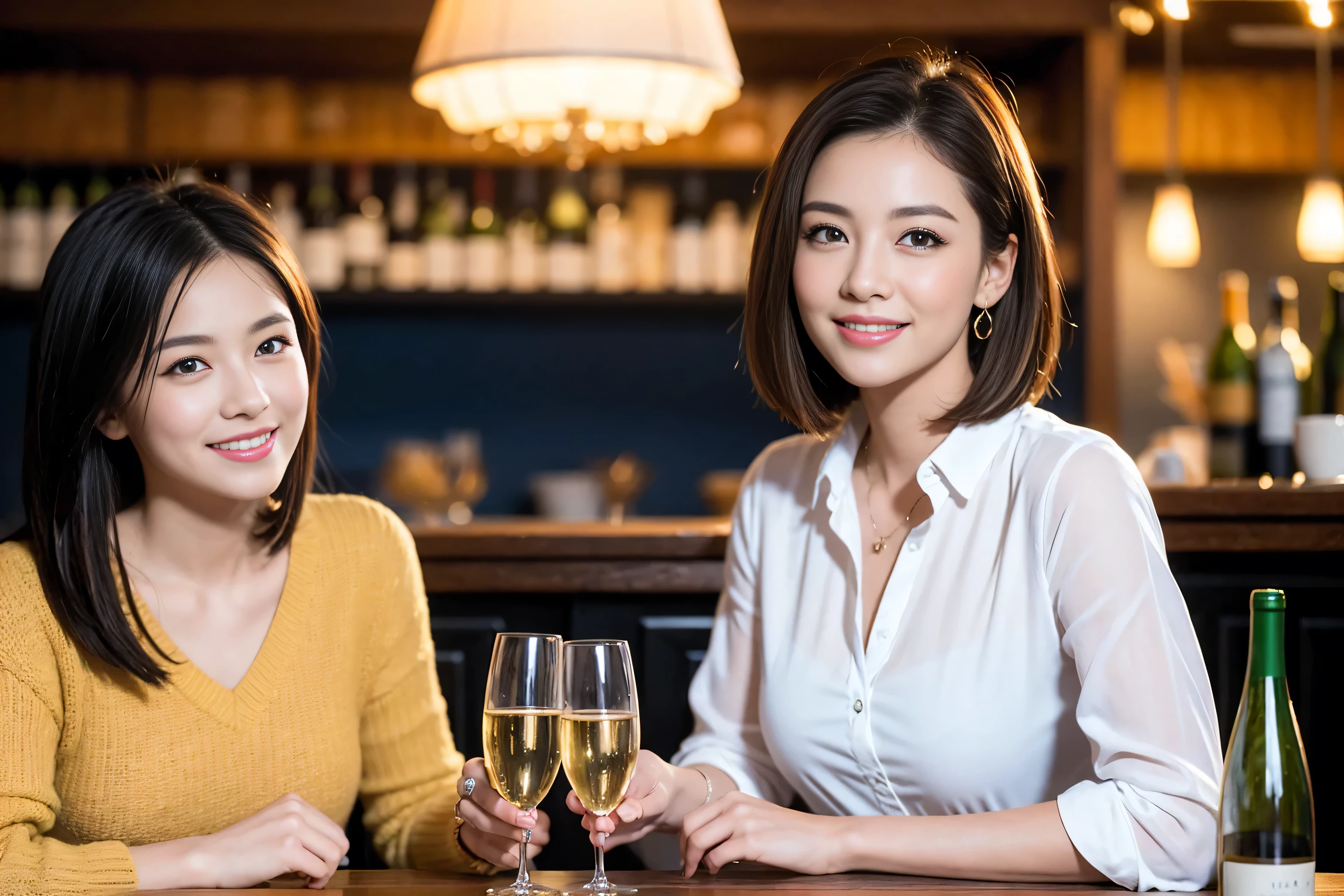 ((highest quality、8k、masterpiece:1.3))、beauty、1 male、1 female、Beautiful couple、lover、couple、spouse、The body is slim、((Bob Hale、Straight hair:1.2)), (Realistic, Intricate details:1.2), full-course dinner,Wine glass on the table、Put the light on your face、 Amazing view of the sunset sky and clouds、A bright smile、The wonderfulness of smile、Bright image、The beauty of wine, Beautiful Face, blue eyes, The light shines on your face, Blushing, short hair,Bright Face、 (45 years old), 39 years old, red wine 、Appetizers、Italian food、Wine bottle、Champagne、sparkling wine、Two beauties、Brown Hair、Shortcuts、Long sleeve shirt、dress、Pretty Woman 1, (Slim face), (The body is slim), (Brown Hair), (Shortcuts), cheeks turn a little red,Attractive beauty、restaurant, In a prominent place (From the waist up) Nova Frog Style, actress, model, Upper Body, White wine, slim, wine glass, A wine glass placed in the center, smile, (smile: 1.15), Beautiful fine grain, Depth f/2,saturation, High Contrast, Strong light and shadow,Moist Body:1.5、3D texture、Delicate eyes、Brown Hair、The hair is very shiny、