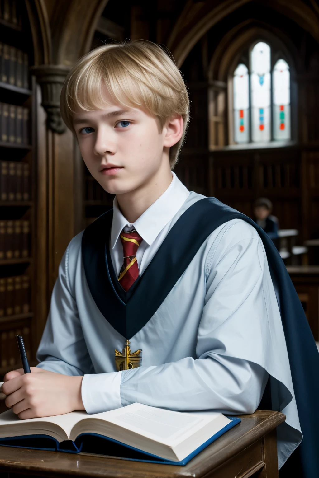 student at Hogwarts, 12 years old, he has short layer slide straight light blond hair  korean hairstyle, light blue eyes , young boy , realistic, 4k, magic, he's  wearing a black-Hogwarts uniform ,aura around,mole under left eye.

