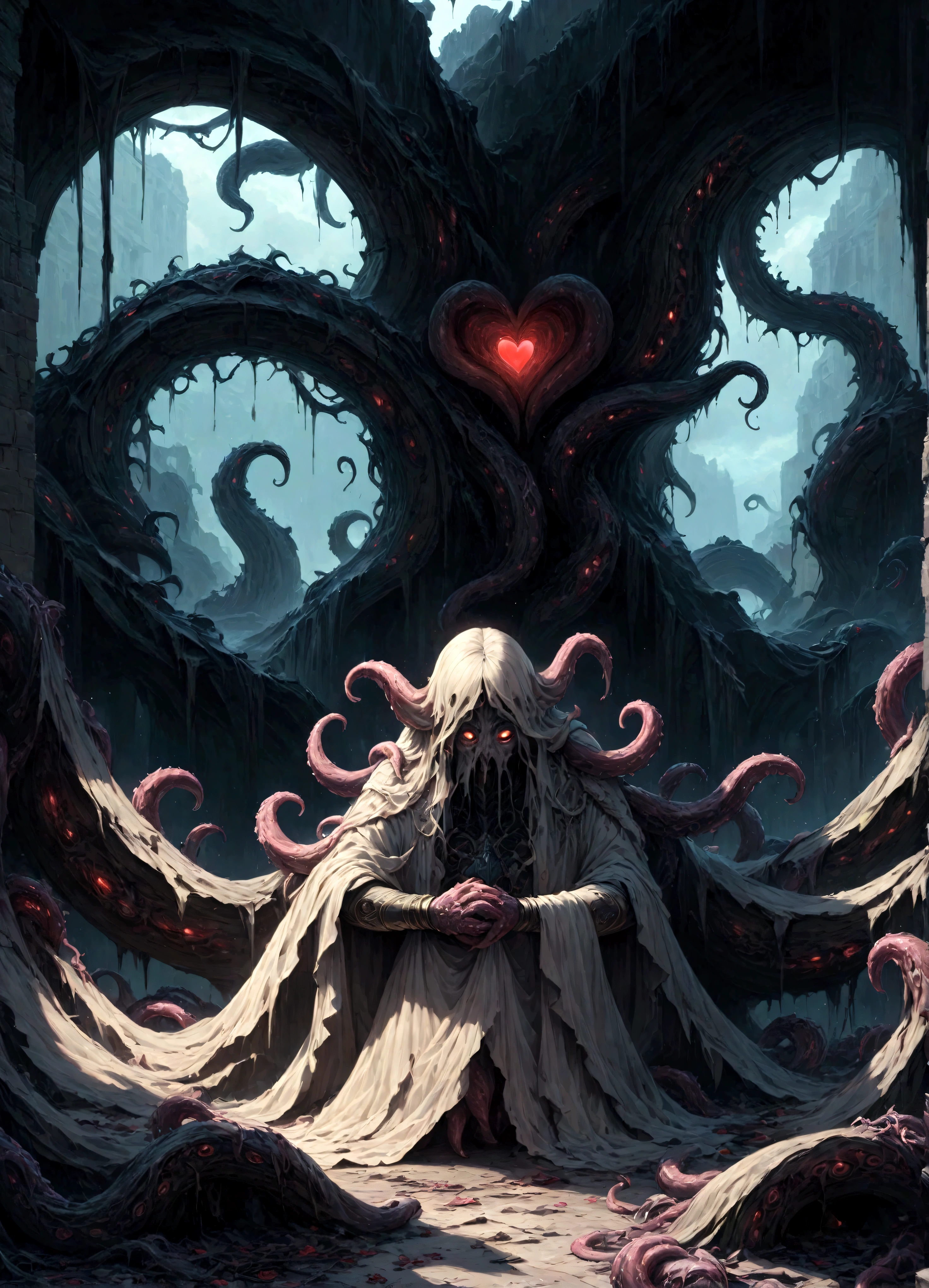 A dark fantasy scene depicting the terrifying creature Cthulhu,emerging from the abyss. The monstrous figure,shrouded in shadows,has large,((menacing tentacles reaching out toward the viewer:1.3)),The atmosphere is eerie and foreboding,with a stormy,nightmarish sky filled with swirling dark clouds. The sea below is turbulent and foamy,reflecting the chaos above. Dim,ghostly lights illuminate parts of Cthulhu’s form,enhancing the horror. The viewer feels an intense sense of dread as the tentacles draw nearer,creating a gripping,immersive experience.,(masterpiece:1.3),(highest quality:1.4),(ultra detailed:1.5),High resolution,extremely detailed,unity 8k wallpaper,(Draws a dark and decadent background,Expresses the fear that the viewer feels,collapses the bottom of the image,Know the love of the god of chaos,Please express it artistically by blurring it in some places.),Dynamically,Sense of presence,fear,despair,Dark fantasy,Tension,Light and shadow