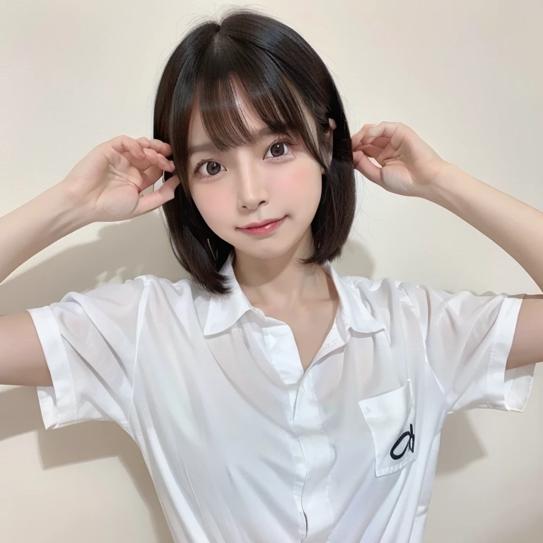 quality, 超Realistic, (Realistic:1.3)、最高quality、超A high resolution、SLR、Instagram、Very delicate、Look at the viewers、Japan 1 Female(Black-haired、short hair、black eye、Age 25、huge 、Delicate body、cute、Adorable、A kind smile)、Japanese company employee(White shirt、Tight shirt)、sunlight、Free pose、Bust up shot、Emphasize the chest