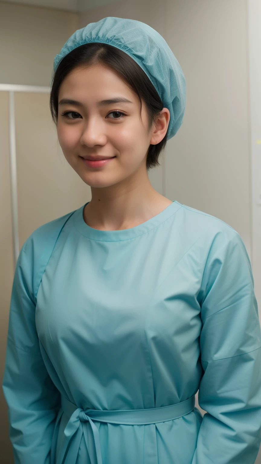 A Realistic Portrait, of a japaneese teenager girl , pediatric patient ,17 years old,, Beautiful, detailed face, detailed eyes, (realistic skin:1.3), (pale skin:1.1), (textured skin:1.3), (()), big smile, (iphone photograph), ), (artificial lighting:1.3), looking at the camera, , amateur Photography, Photorealistic, Detailed, analog, poor quality, standing in medical change room, beautiful face, big eyes, big smile, detailed face, wears teal nylon patient gown with , putting long patient gown on, back-tied patient gown,, high closed crew-neck, bokeh, all wearing large teal nylon bouffant cap , , large surgical bouffant cap covering hair and ears, ultra-short hair fully covered by nylon shower cap, no hair tails, standing in hospital room
