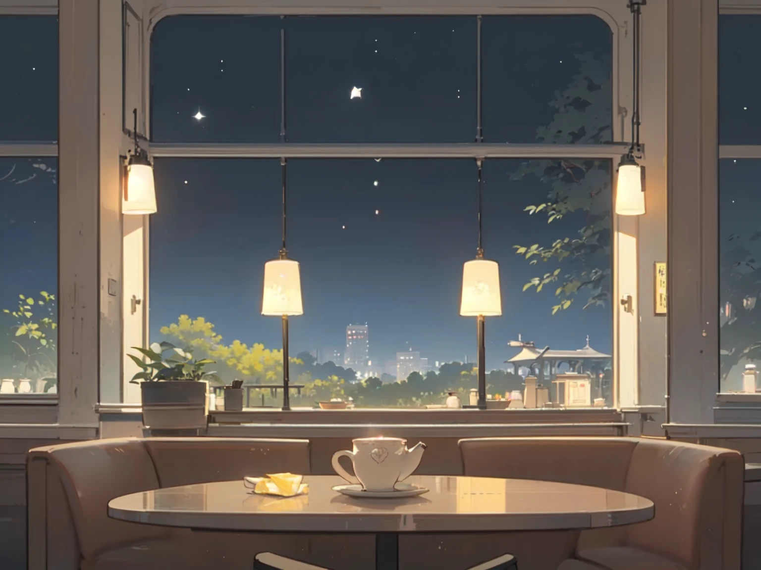 (coffee shop, cafe, coffee, cafe latte, relax mood), early summer air, aesthetic, Ghibli background style, cute storybook illustration, gentle soft lighting, Giorgio Morandi Colors, thick line graph, full-color illustration, cover illustration, scenery, dabai style, (lamplight:1.0)，masterpiece, Best quality at best,