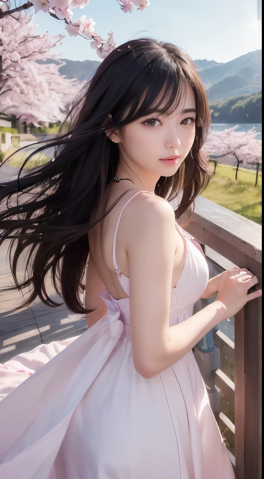 (logo、masterpiece、8k、Tabletop、RAW Photos、wonderful、最high quality、Photorealistic and Very detailed CG integrated 8k wallpaper、high quality、Very detailed、Narrative poem、Particle Effects、Dynamic Effects、Written boundary depth、Cinematic Light、Lens flare、Ray Tracing)、Fantasy、 (1 Beauty、dress、dress、Cherry blossom pattern、Black-haired、Beautiful Face、True Face、Beautiful details、eye、Beautiful Skin)、my hair dances in Wind、Hair flutters in Wind、Hair bounces、Pink cherry blossom tree、Petals flutter、SakuraFubuki、wonderful景色、Morning Glow、Sun in the background、Wind、