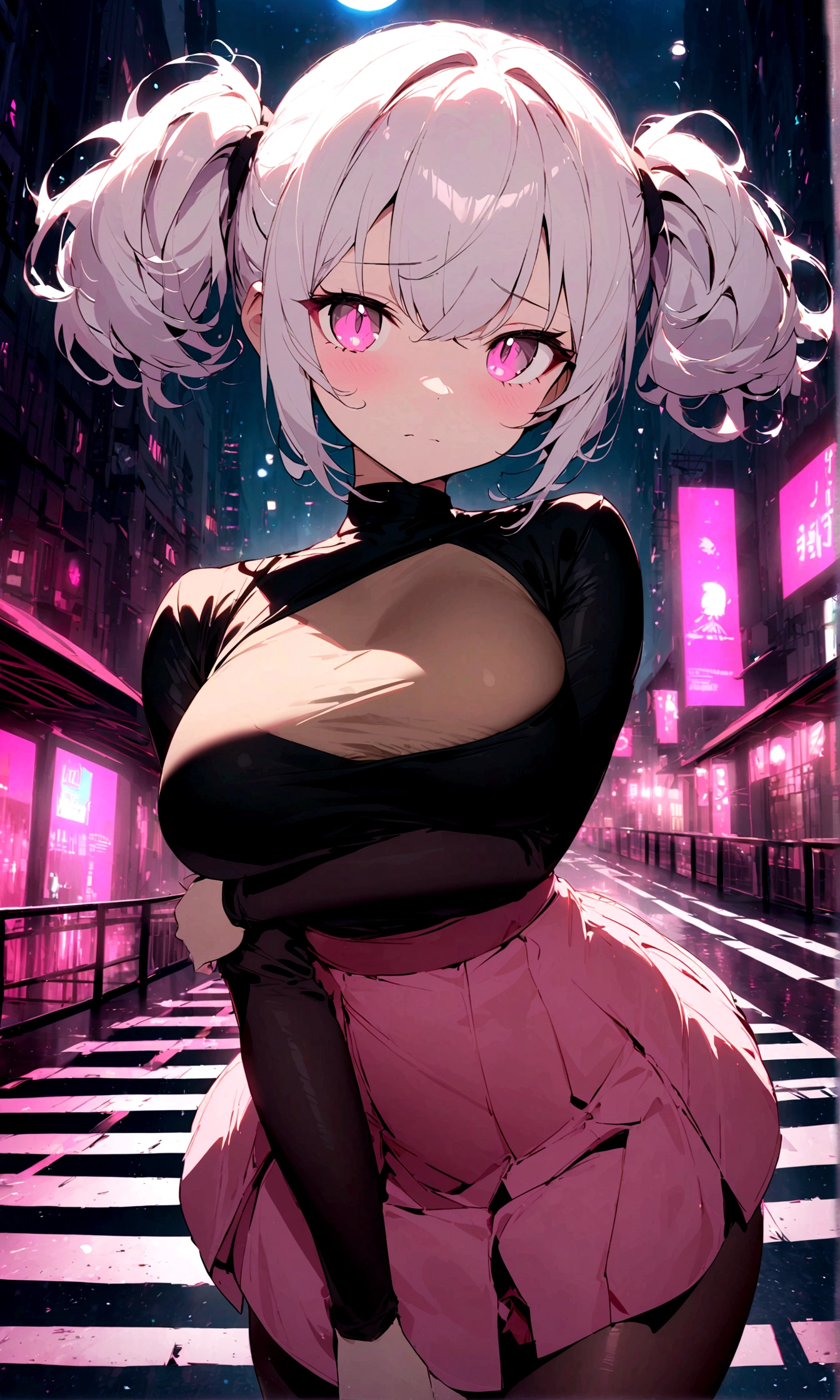 1girl, white hair, short twintails, really sad, pink eyes, wearing plain black shirt, pink skirt, black leggings, city, absurdres, high res, ultrasharp, 8K, masterpiece, looking at viewer, no hat