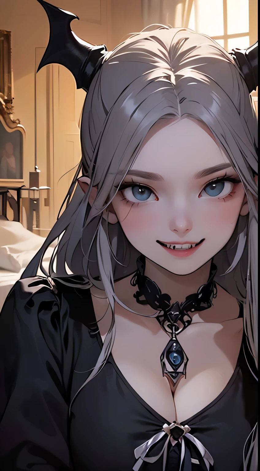 The lighting is very dim、Cinematic Lighting Effects、Her face is clearly visible、(((Huge very dark old gothic bedroom)))、(((He is smiling with his eyes shining and showing two long, sharp fangs.)))、1girl,、Silver-haired hair、Ponytail with bangs、(((vampire)))、(((((Abnormally long incisors)))))、She has a very beautiful face、Because it&#39;s tight、Big and beautiful eyeid-chest、(((In underwear)))、Detailed depiction of the transparency and wrinkles of the ultra-thin underwear material、Detailed depiction of the beauty of hair、Detailed depiction of blue eye sparkle、(((((Girl squatting and spreading her legs)))))、Super excited girl、、A large, clean, white bed、