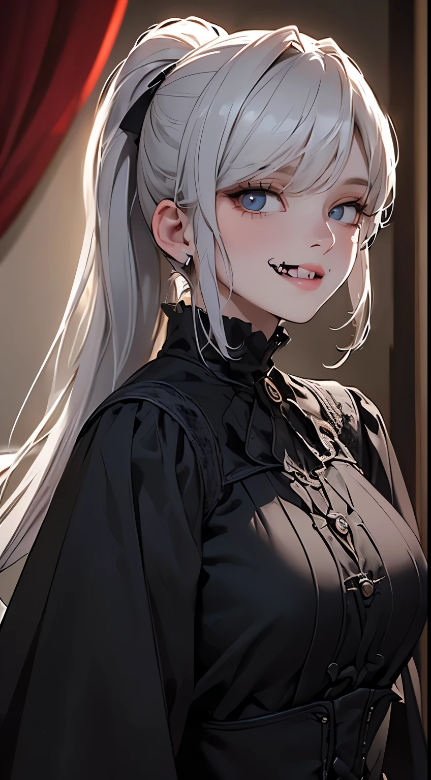 The lighting is very dim、Cinematic Lighting Effects、Her face is clearly visible、(((Huge very dark old gothic bedroom)))、(((He is smiling with his eyes shining and showing two long, sharp fangs.)))、1girl,、Silver-haired hair、Ponytail with bangs、(((vampire)))、(((((Abnormally long incisors)))))、She has a very beautiful face、Because it&#39;s tight、Big and beautiful eyes、Mid-chest、(((In underwear)))、Detailed depiction of the transparency and wrinkles of the ultra-thin underwear material、Detailed depiction of the beauty of hair、Detailed depiction of blue eye sparkle、Girl squatting and spreading her legs、Super excited girl、、A large, clean, white bed、