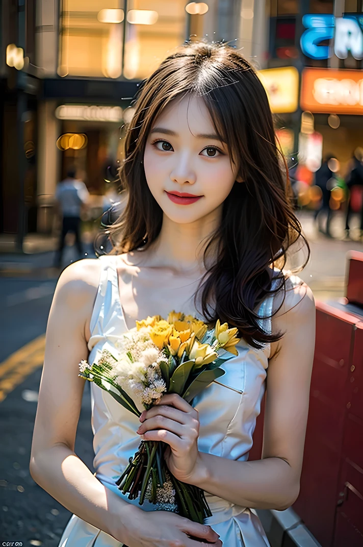 (8k, RAW Photos, highest quality、masterpiece:1.2), (Realistic、Realistic:1.37), Super detailed, High resolution, 1 girl, laughing, View your viewers, Beautifully detailed face、(Holding a bouquet:1.3),Beautiful and detailed skin、Skin Texture、Floating Hair、Professional Lighting、