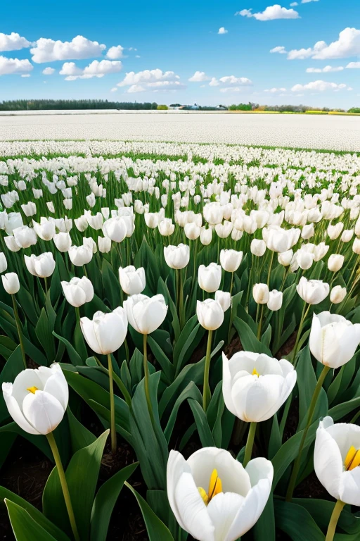 I drew a picture of a white tulip field spreading out under a blue sky.!