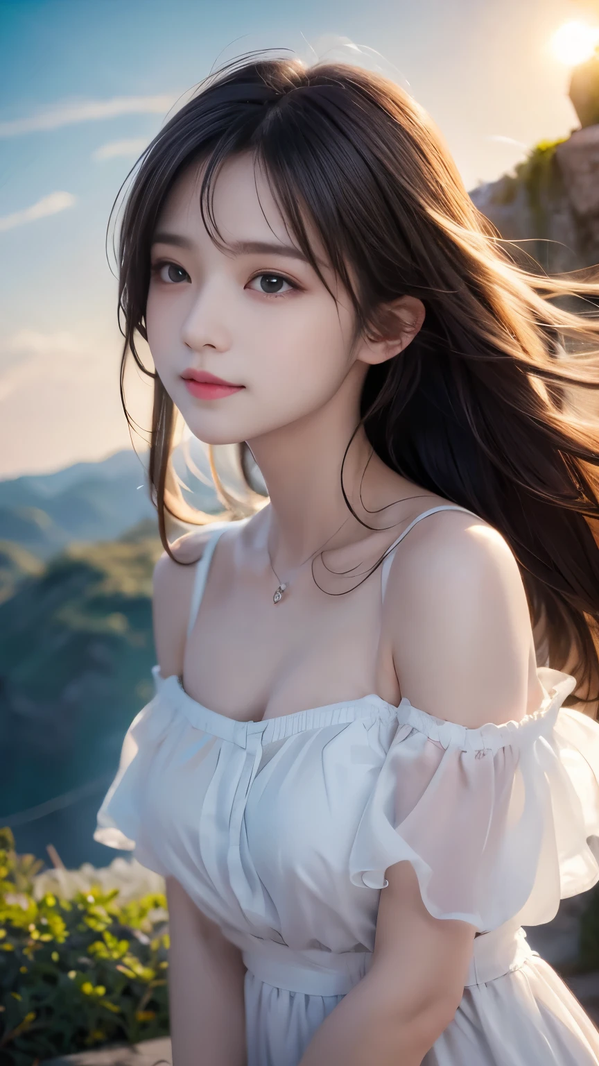 (logo、masterpiece、8K、Tabletop、RAW Photos、wonderful、最high quality、Photorealistic and very detailed CG composite 8k wallpaper、high quality、Very detailed、Narrative poem、Particle Effects、Dynamic Effects、Depth of the Boundary)What is written is、Cinematic Light、Lens flare、Ray Tracing)、Fantasy、(night、Night Sky、Starry Sky、full moon)、(A girl looking up at the sky)、sit、 cute、Japanese、(smile)、Long Black Hair、Strong winds、(Hair blowing in the wind)、(White Dress)、Natural light、moonlight、(Horizontal photography)、(Bust up shot)、(Low position)、(Low - Angle)