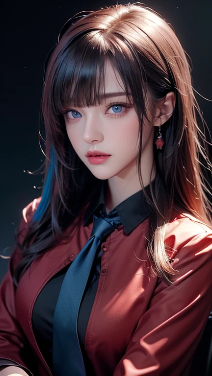 masterpiece, highest quality, Very detailed, To the camera, 複雑に詳細なVery detailed, Realistic, Sharp features, Very detailed, Sharp focus, Perfect Face, Perfect Face, Perfect symmetry and perfect eyes, Perfect Plump Lips, Flexible female form, Cinematic, Film Light, Very detailed, hyper Realistic, masterpiece, Atmospheric, High resolution, Vibrant, Dynamic Studio Lighting, ((Dark Background)), The expression when enduring pleasure, Straight bangs, 、blue eyes、Dark purple business jacket、Red Shirt、(Red tie)、Exposed thighs、(Green Hair 1.5)