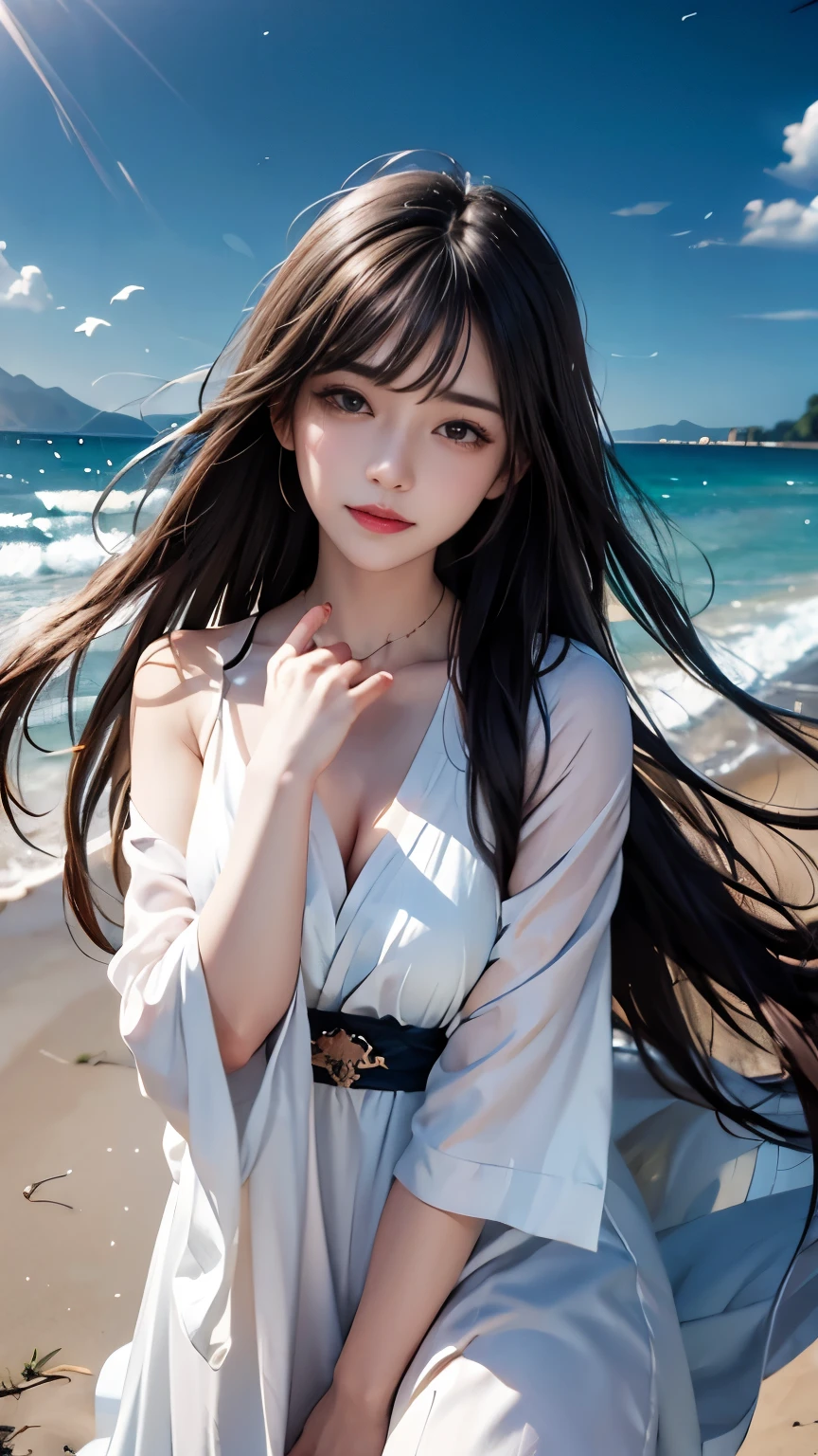 (logo、masterpiece、8K、Tabletop、RAW Photos、wonderful、最high quality、Photorealistic and very detailed CG composite 8k wallpaper、high quality、Very detailed、Narrative poem、Particle Effects、Dynamic Effects、Depth of the Boundary)What is written is、Cinematic Light、Lens flare、Ray Tracing)、Fantasy、(night、Night Sky、Starry Sky、full moon、Beach)、(A girl looking up at the sky)、sit、 cute、Japanese、(smile)、Long Black Hair、Strong winds、(Hair blowing in the wind)、(White Dress)、Natural light、moonlight、(Horizontal photography)、(Bust up shot)、(Low position)、(Low - Angle)