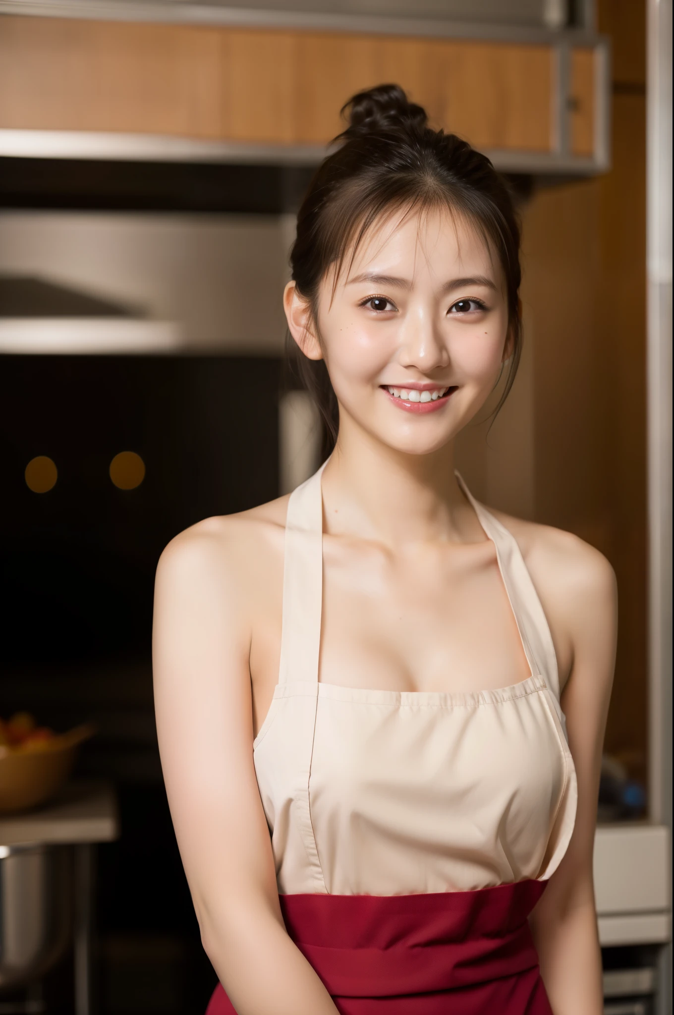 A woman is cooking, In the kitchen, Wearing a naked apron,(Naked Apron,Dark red apron,Short apron),(Hair Bun,curly,Black Hair),Medium Shot,smile,smile,Big round box,(cover-),Slim figure, Sweaty skin,(mole,pores),Realistic,Realistic:1.37, Tabletop, highest quality,Hmph,Highly detailed skin,Detailed face,Amazing eye for detail,Beautiful and delicate,Detailed clothing,High resolution photos,Professional Light,Cinema Lighting, Cleavage、 Thighs、