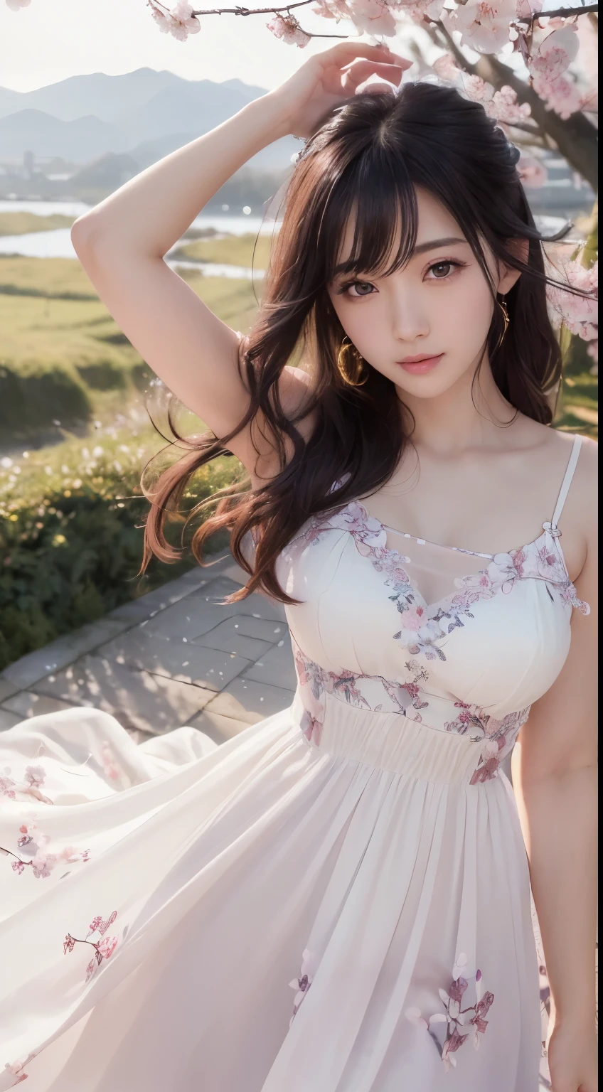 (logo、masterpiece、8k、Tabletop、RAW Photos、wonderful、最high quality、Photorealistic and Very detailed CG integrated 8k wallpaper、high quality、Very detailed、Narrative poem、Particle Effects、Dynamic Effects、Written boundary depth、Cinematic Light、Lens flare、Ray Tracing)、Fantasy、 (1 Beauty、dress、dress、Cherry blossom pattern、Black-haired、Beautiful Face、True Face、Beautiful details、eye、Beautiful Skin)、my hair dances in Wind、Hair flutters in Wind、Hair bounces、Pink cherry blossom tree、Petals flutter、SakuraFubuki、wonderful景色、Morning Glow、Sun in the background、Wind、