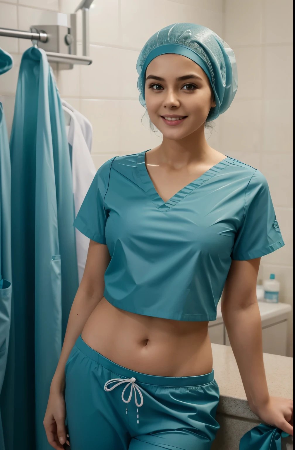 Ultra realistic, Cinematic, french teenager girl (Lady Oscar), blonde hair, perfect small breasts, pediatric patient, , naked girl standing in medical changing room, beautiful face, big eyes, big smile, detailed face, naked, putting on cotton patient gown, wide angle , bokeh, all wearing large teal nylon bouffant cap, large teal nylon shower cap, large surgical cap covering hair and ears, short hair fully covered by nylon tissue cap, no hair tails, weaing opened teal patient gown with snap fasterners