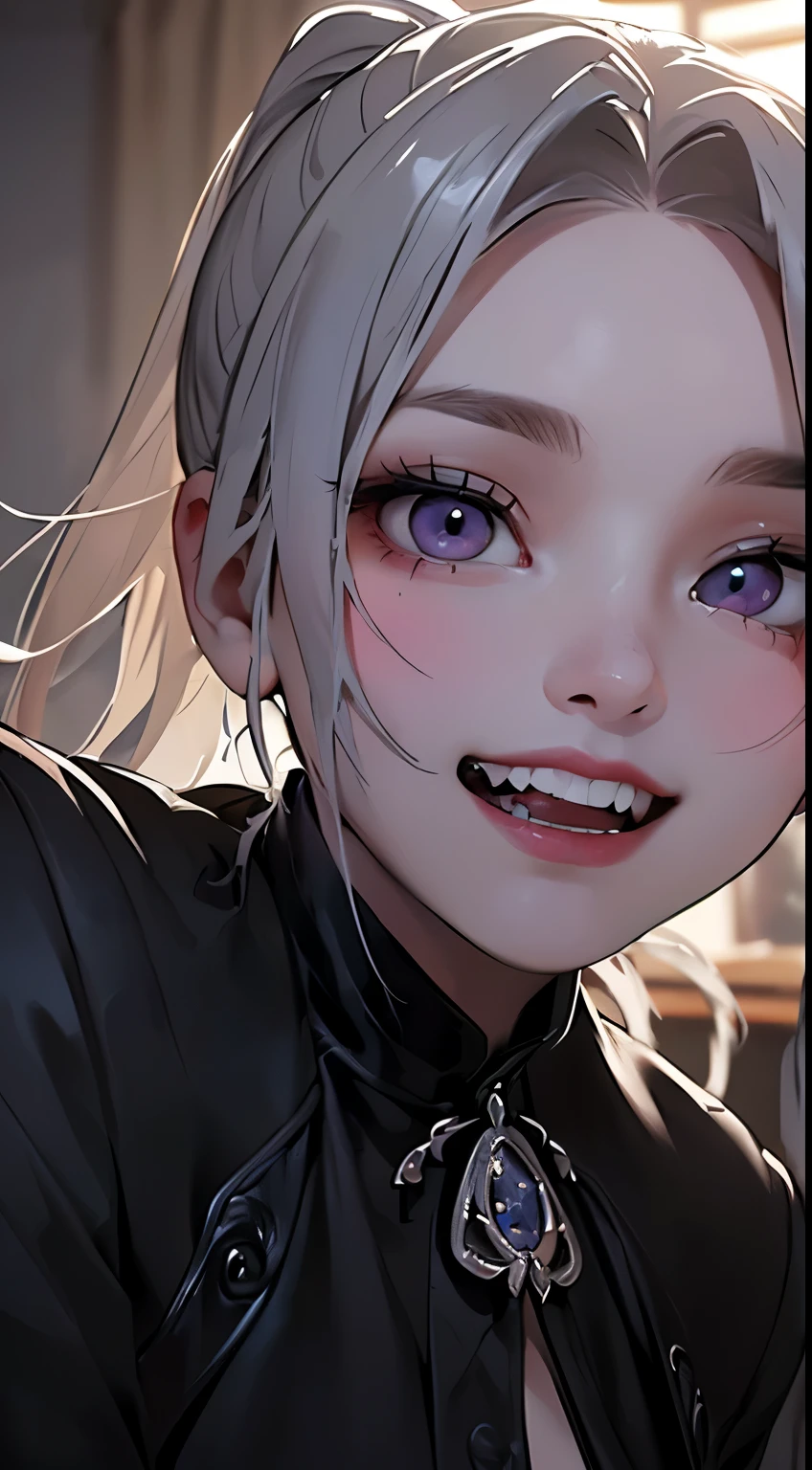 The lighting is very dim、Cinematic Lighting Effects、Her face is clearly visible、(((Huge very dark old gothic bedroom)))、(((He is smiling with his eyes shining and showing two long, sharp fangs.)))、1girl,、Silver-haired hair、Ponytail with bangs、(((vampire)))、(((((Abnormally long incisors)))))、She has a very beautiful face、Because it&#39;s tight、Big and beautiful eyes、Mid-chest、(((In underwear)))、Detailed depiction of the transparency and wrinkles of the ultra-thin underwear material、Detailed depiction of the beauty of hair、Detailed depiction of blue eye sparkle、Girl squatting and spreading her legs、Super excited girl、、A large, clean, white bed、