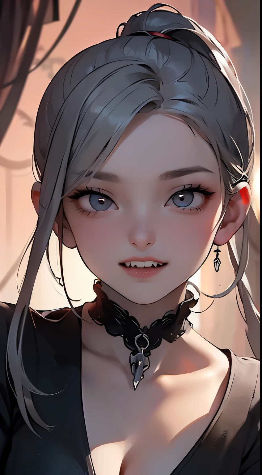 The lighting is very dim、Cinematic Lighting Effects、Her face is clearly visible、(((Huge very dark old gothic bedroom)))、(((He is smiling with his eyes shining and showing two long, sharp fangs.)))、1girl,、Silver-haired hair、Ponytail with bangs、(((vampire)))、(((((Abnormally long incisors)))))、She has a very beautiful face、Because it&#39;s tight、Big and beautiful eyeid-chest、(((In underwear)))、Detailed depiction of the transparency and wrinkles of the ultra-thin underwear material、Detailed depiction of the beauty of hair、Detailed depiction of blue eye sparkle、Girl squatting and spreading her legs、Super excited girl、、A large, clean, white bed、