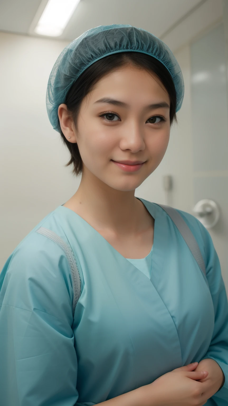 A Realistic Portrait, of a japaneese teenager girl , pediatric patient ,,, Beautiful, detailed face, detailed eyes, (realistic skin:1.3), (pale skin:1.1), (textured skin:1.3), (()), big smile, (iphone photograph), ), (artificial lighting:1.3), looking at the camera, , amateur Photography, Photorealistic, Detailed, analog, poor quality, standing in medical change room, beautiful face, big eyes, big smile, detailed face, wears teal nylon patient gown with , putting long patient gown on, back-tied patient gown,, high closed crew-neck, bokeh, all wearing large teal nylon bouffant cap , , large surgical bouffant cap covering hair and ears, ultra-short hair fully covered by nylon shower cap, no hair tails, standing in hospital room