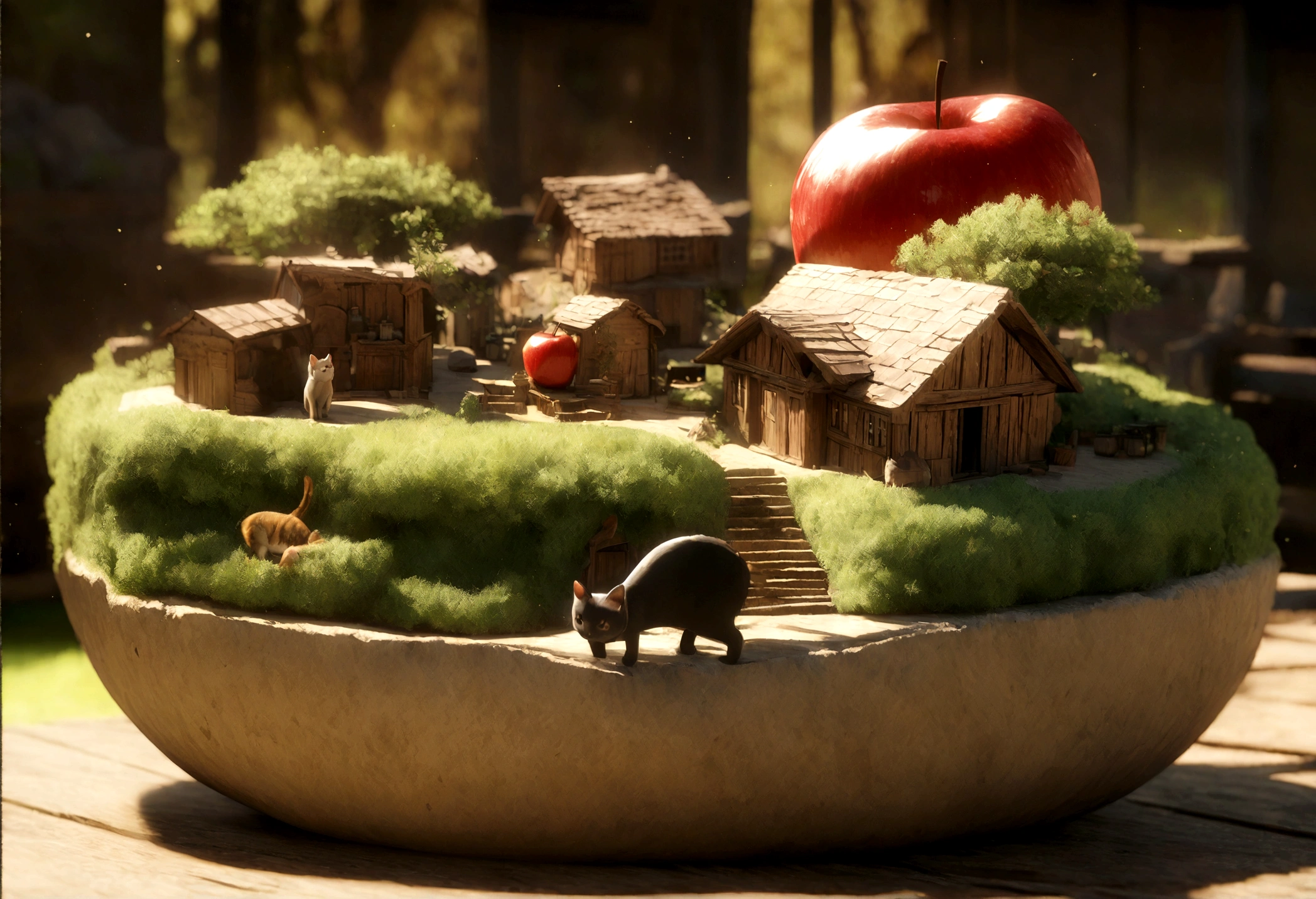 apple section, filled many cat in side an apple
cute world of wool felt, wool knitted fabric, cartoon, some small houses, farms, barracks, warehouses, flower houses, super cute, superb lighting, volumetrics, by Jon Klassen, Ghibli Studio style, Tilt - shift, 80mm lens, Large aperture, 3d, blender, masterpiece, super detail, best quality