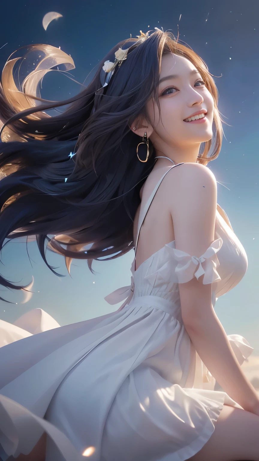 (logo、masterpiece、8K、Tabletop、RAW Photos、wonderful、最high quality、Photorealistic and very detailed CG composite 8k wallpaper、high quality、Very detailed、Narrative poem、Particle Effects、Dynamic Effects、Depth of the Boundary)What is written is、Cinematic Light、Lens flare、Ray Tracing）、Fantasy、（night、Night Sky、Starry Sky、full moon）、（A girl looking up at the sky）、sit、 cute、Japanese、(smile)、Long Black Hair、Strong winds、(Hair blowing in the wind)、(White Dress)、Natural light、moonlight、(Horizontal photography)、(Bust up shot)、(Low position)、(Low - Angle)